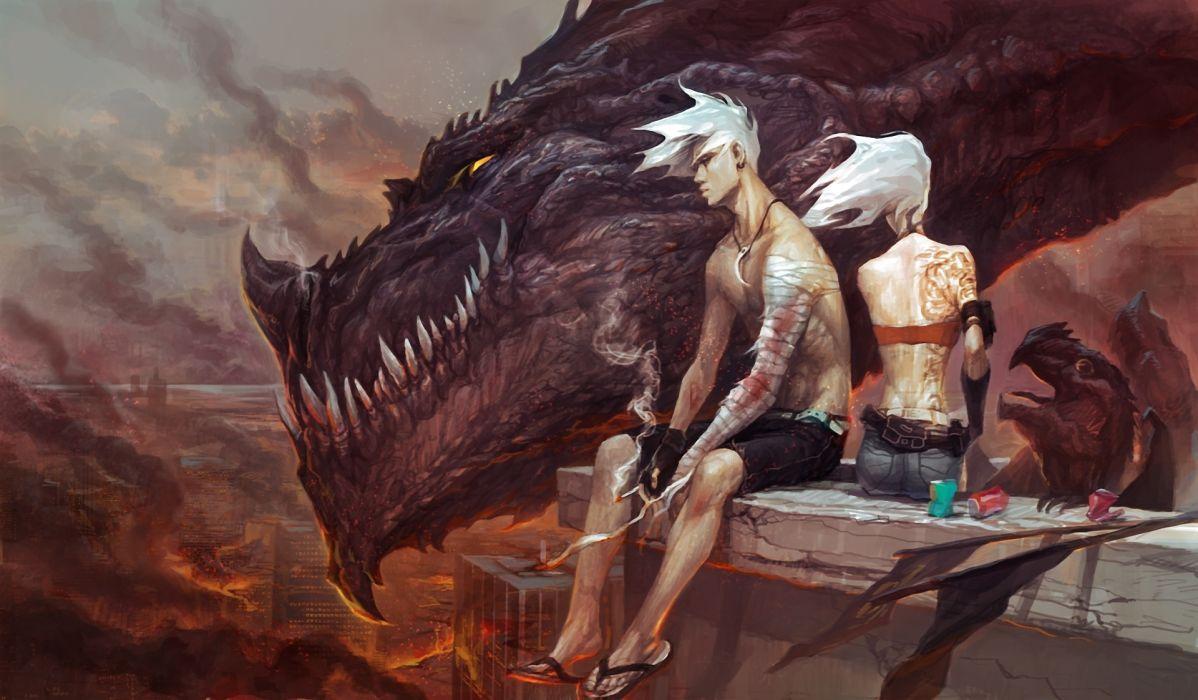 1198x700 Art dragon baby boy girl sitting cigarette tattoo city fire