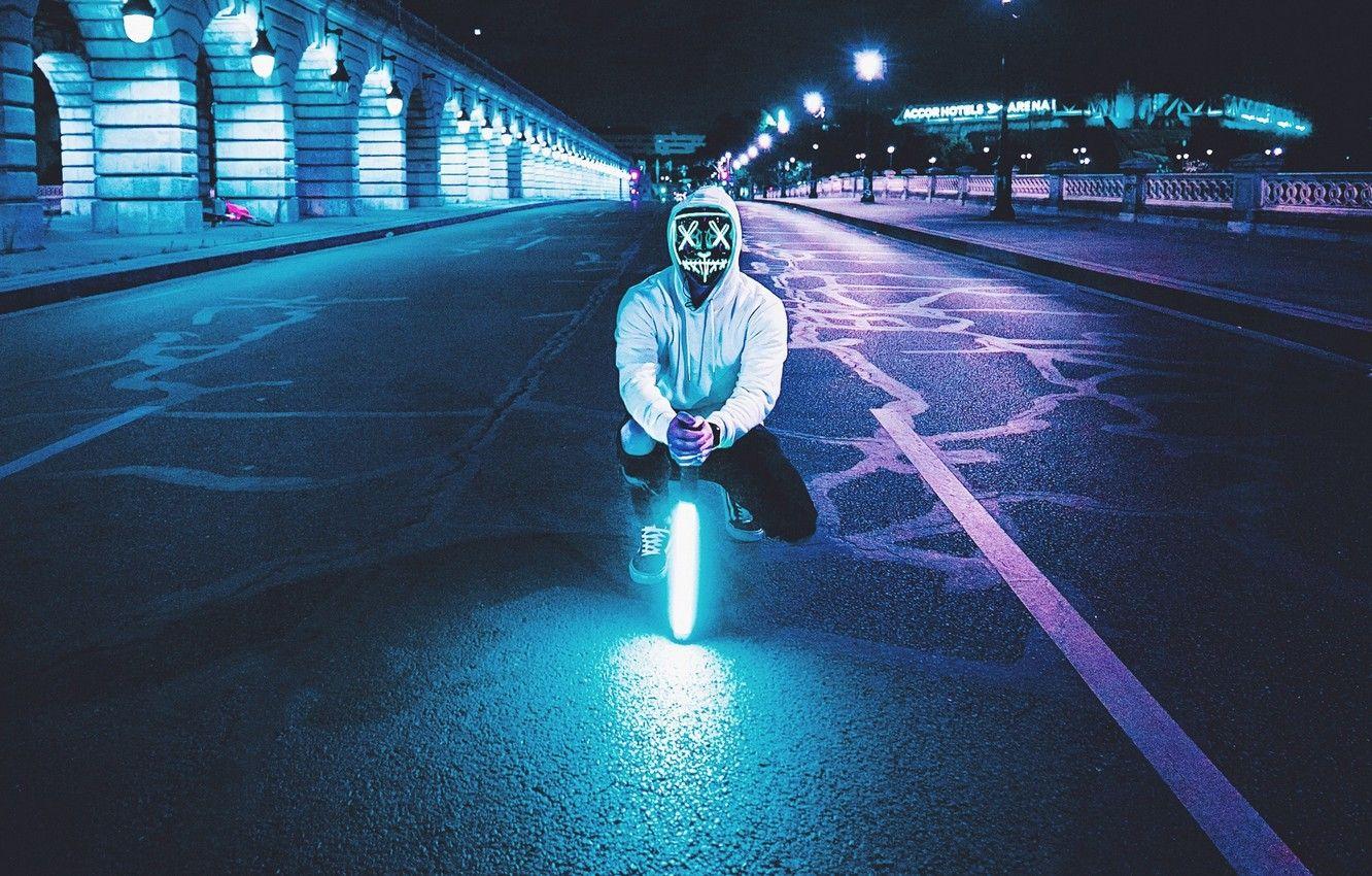1332x850 Wallpaper neon, lamp, people, street, night, mask image
