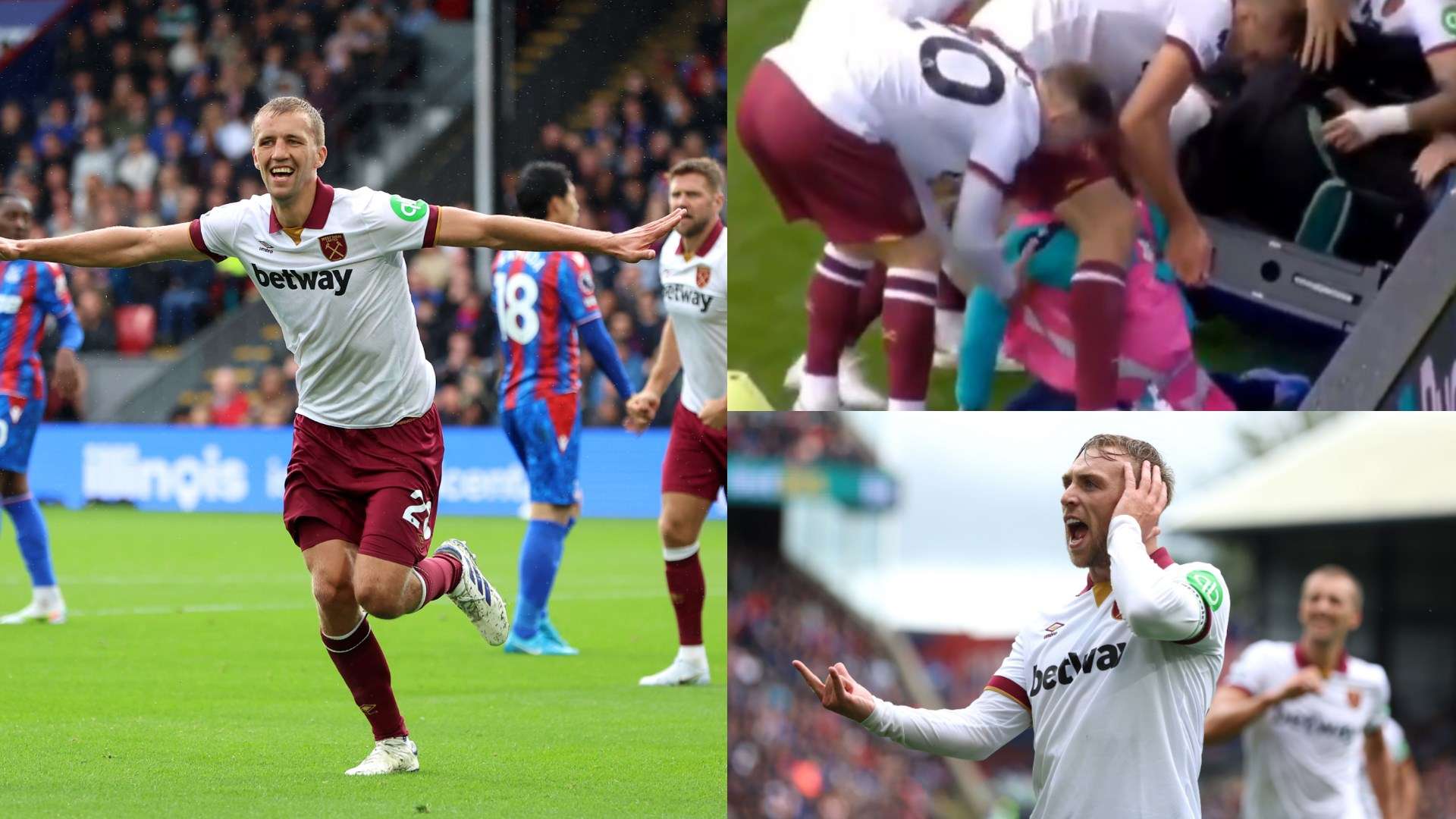 1920x1080 Ball boy is almost crushed by advertising board as Tomas Soucek & Jarrod Bowen hailed as heroes for rescuing youngster after West Ham fans fall onto pitch