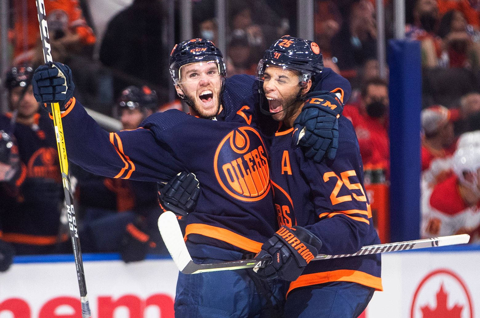 1560x1036 Download Edmonton Oilers Connor McDavid And Darnell Nurse Against Calgary Flames Wallpaper