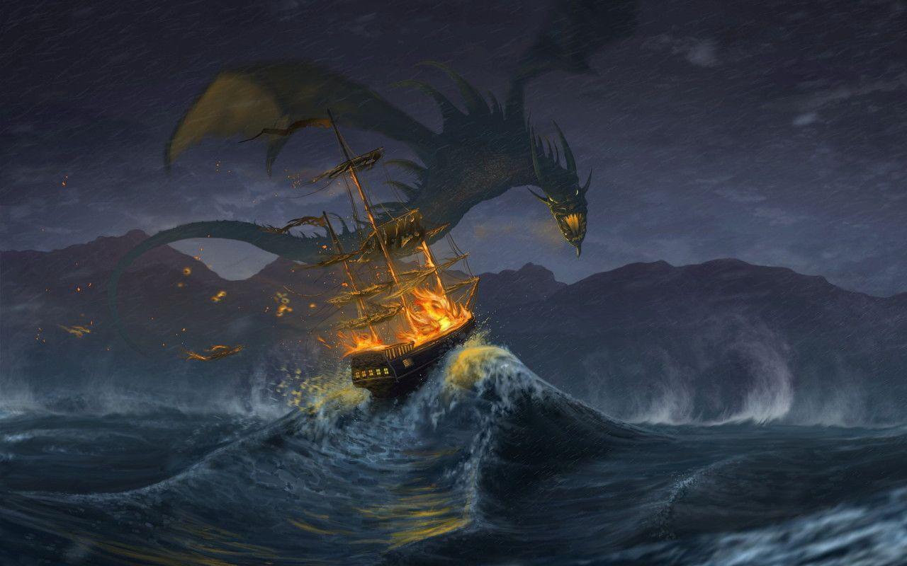 1280x800 A Dark Black Western Dragon Attacks A Pirate Ship Dragon Also