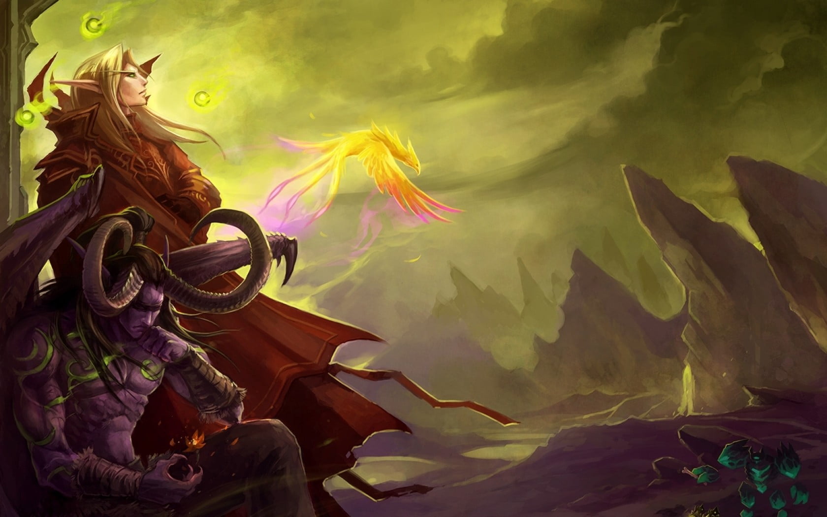 1680x1050 Yellow Haired Male Anime Character And Orange Phoenix Digital Wallpaper, World Of Warcraft, World Of Warcraft: The Burning Crusade, Kael'thas, Illidan HD Wallpaper