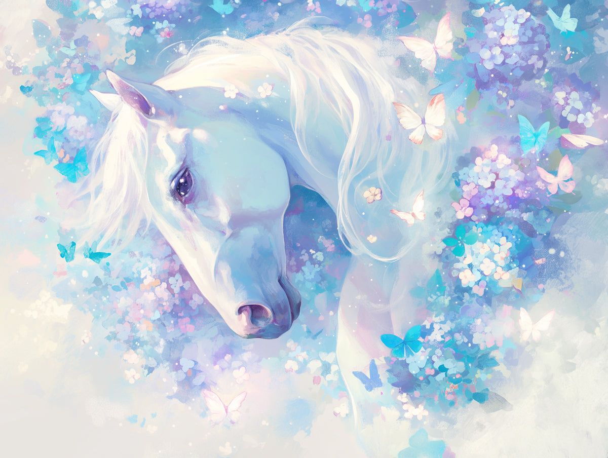 1200x904 Horse and Floral Mural Wallpaper in Girls's Room. Purple, Blue and White Horse