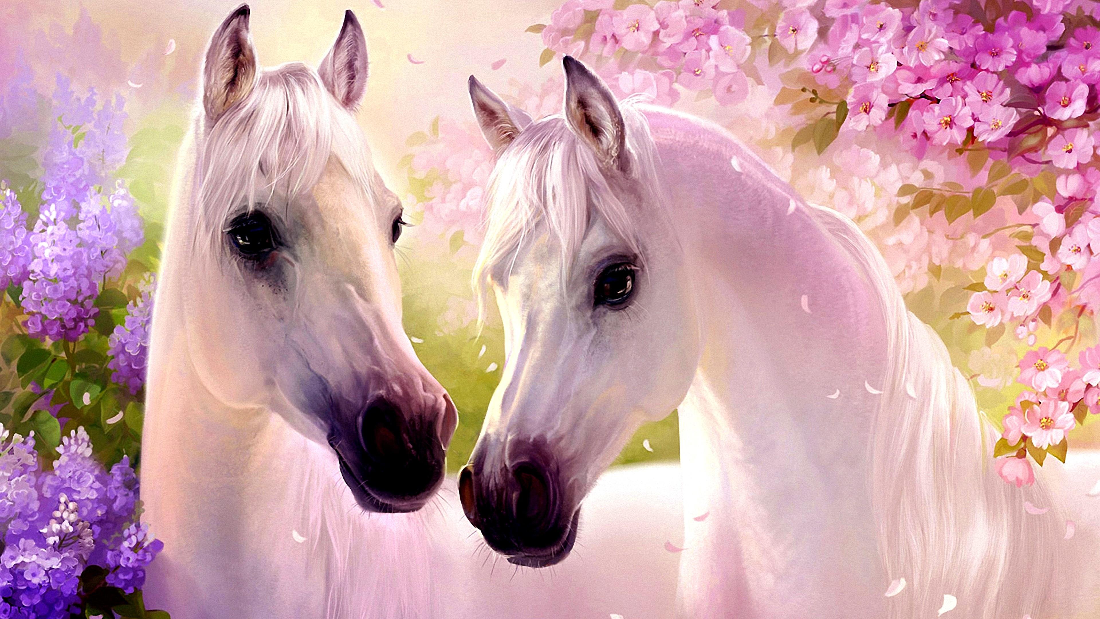 3840x2160 Wallpaper White Horse With Purple Flowers, Background Free Image