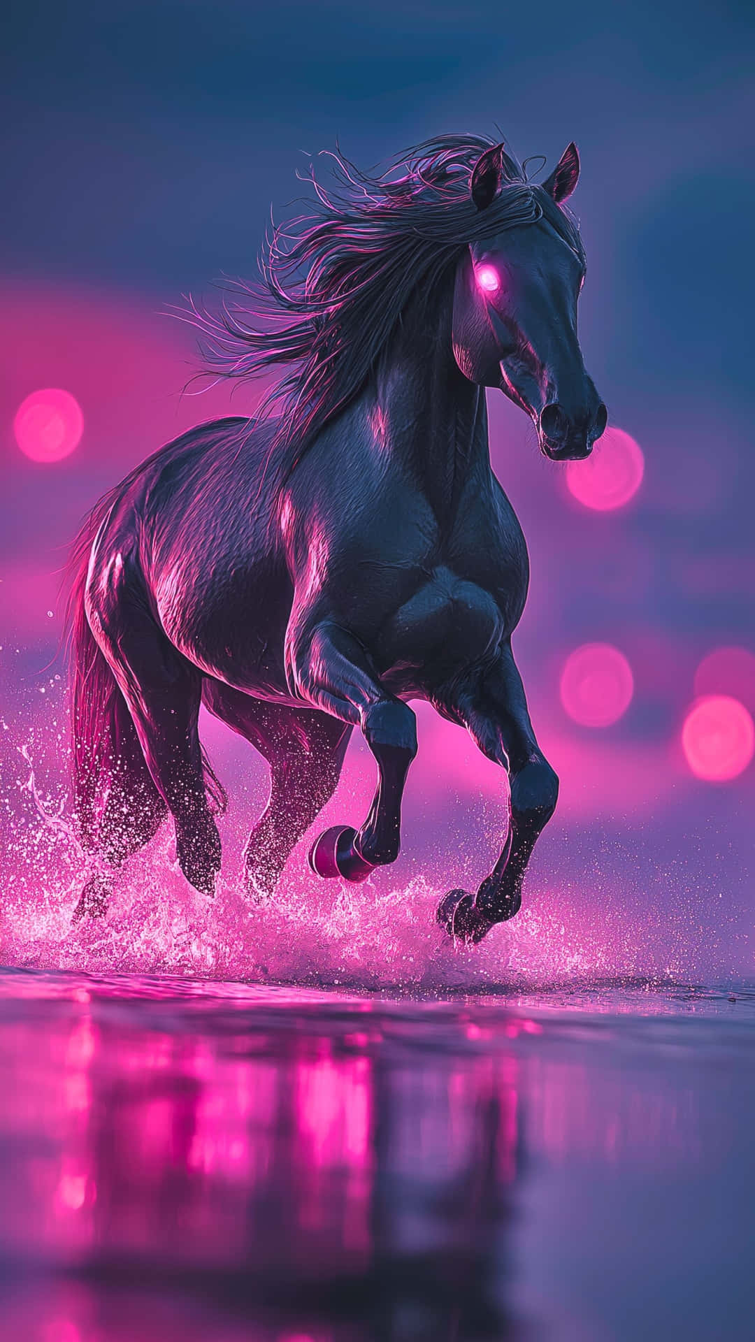 1080x1920 Download Enigmatic Black Stallion With Glowing Fuchsia Eyes Splashing Through Magical Pink Lit Water Wallpaper