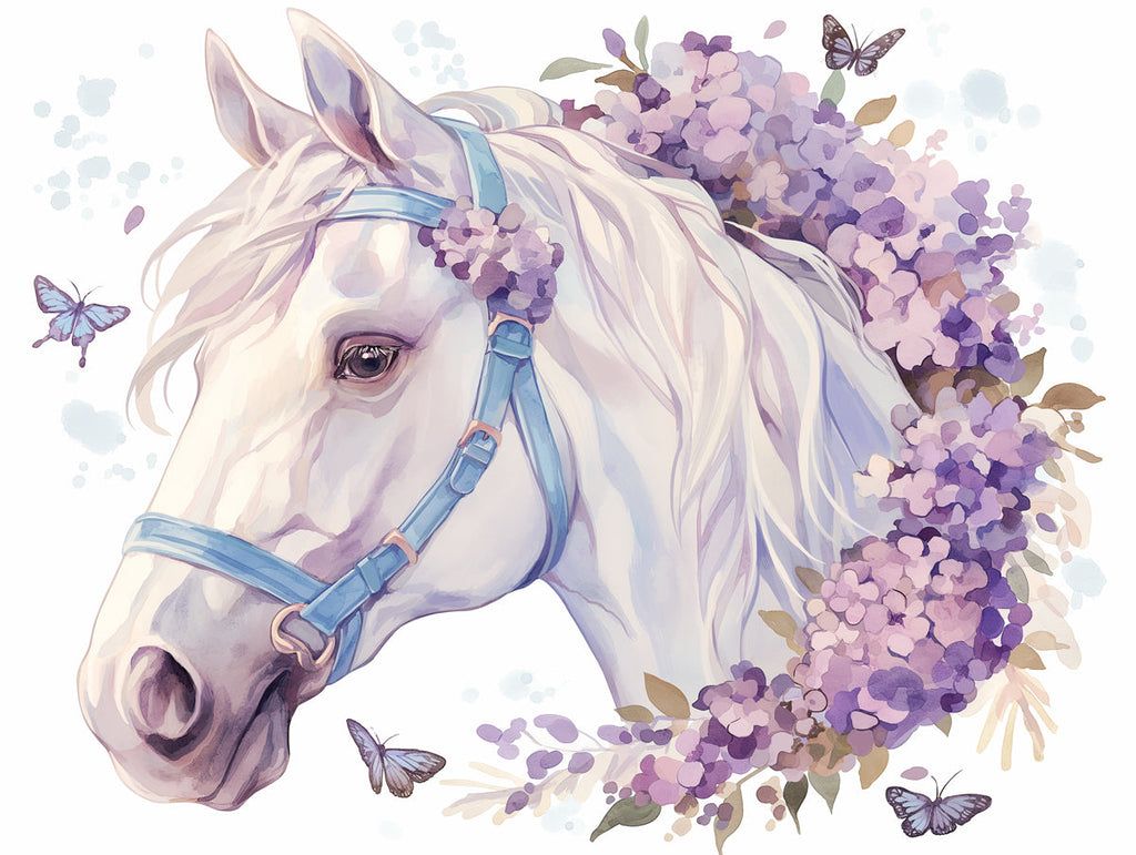 1024x771 Horse and Floral Mural Wallpaper for a child's bedroom. Purple, Blue