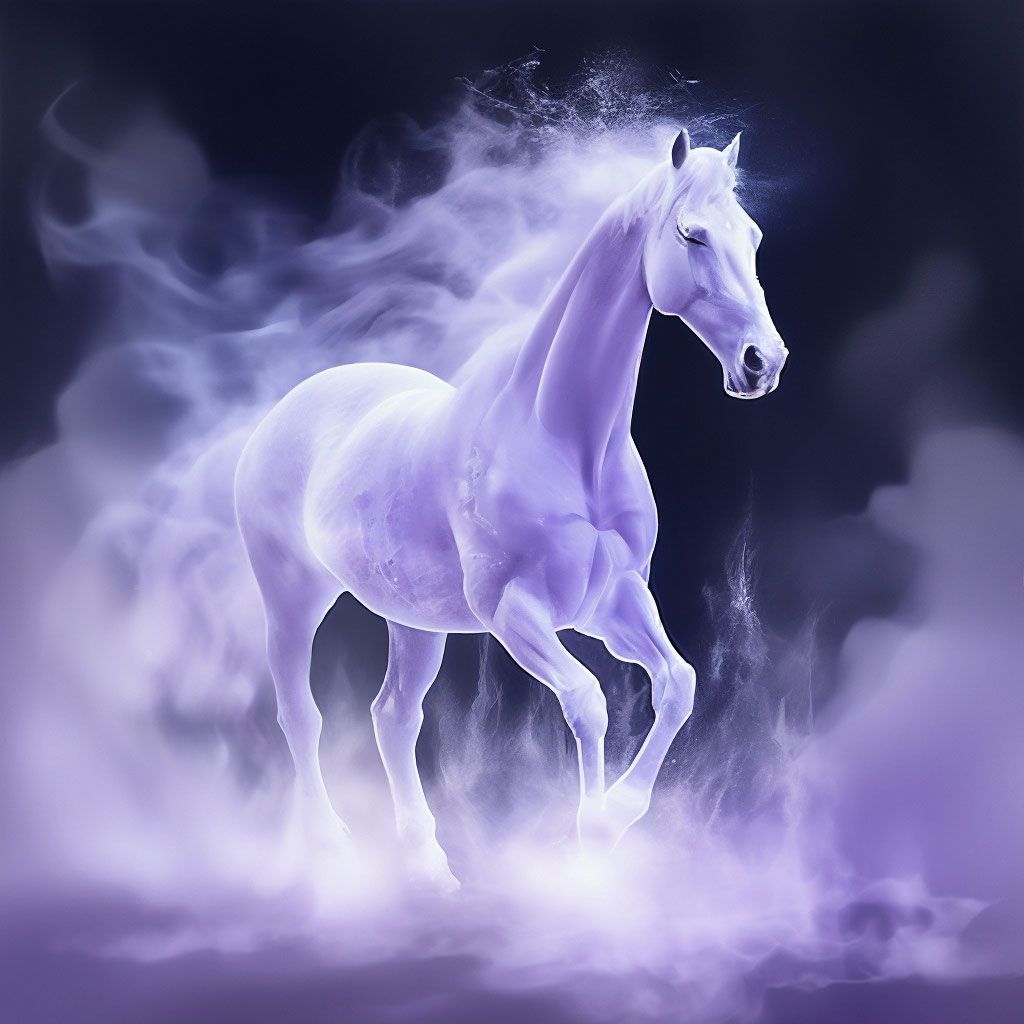 1024x1024 Lilac fog Digital art, fantasy, watercolor, filigree drawing: a large horse- lilac fog, a horse made of fog, a