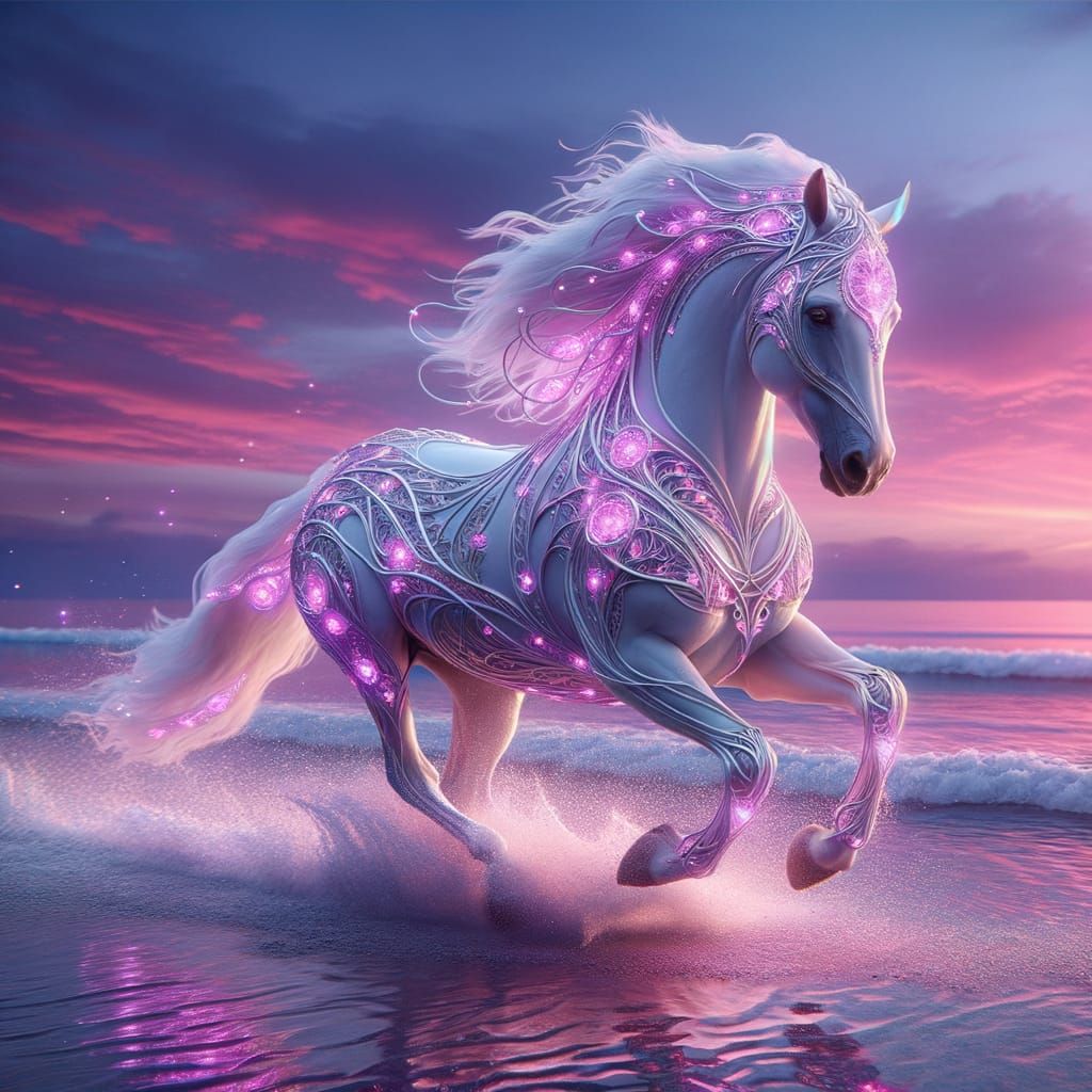 1024x1024 Neon Shores Horse Galloping on Violet Beach