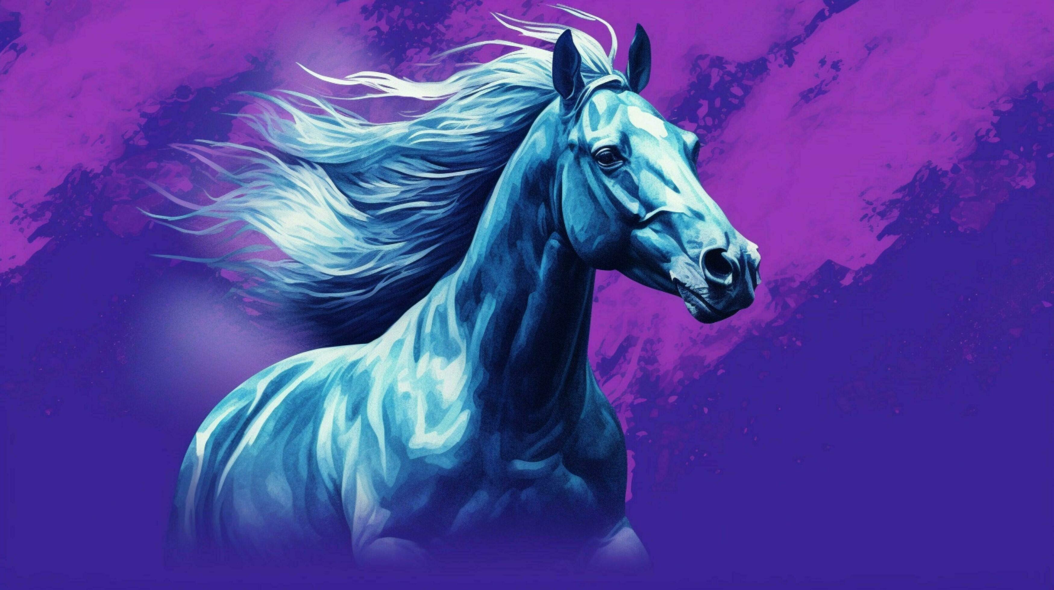 3498x1960 a blue horse with a purple background
