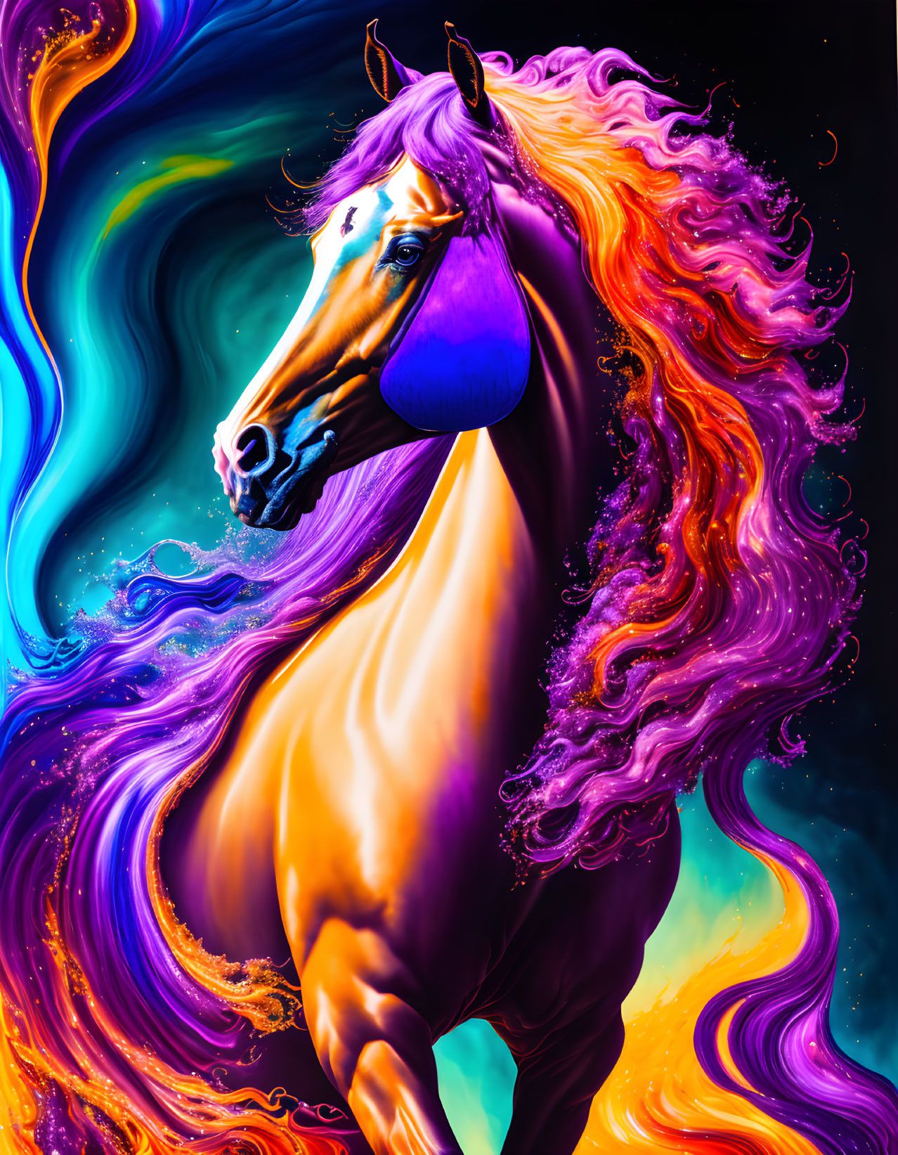 1278x1643 Colorful digital artwork: Horse with flowing mane in vibrant purple, orange, and blue hues against cosmic. Deep Dream Generator