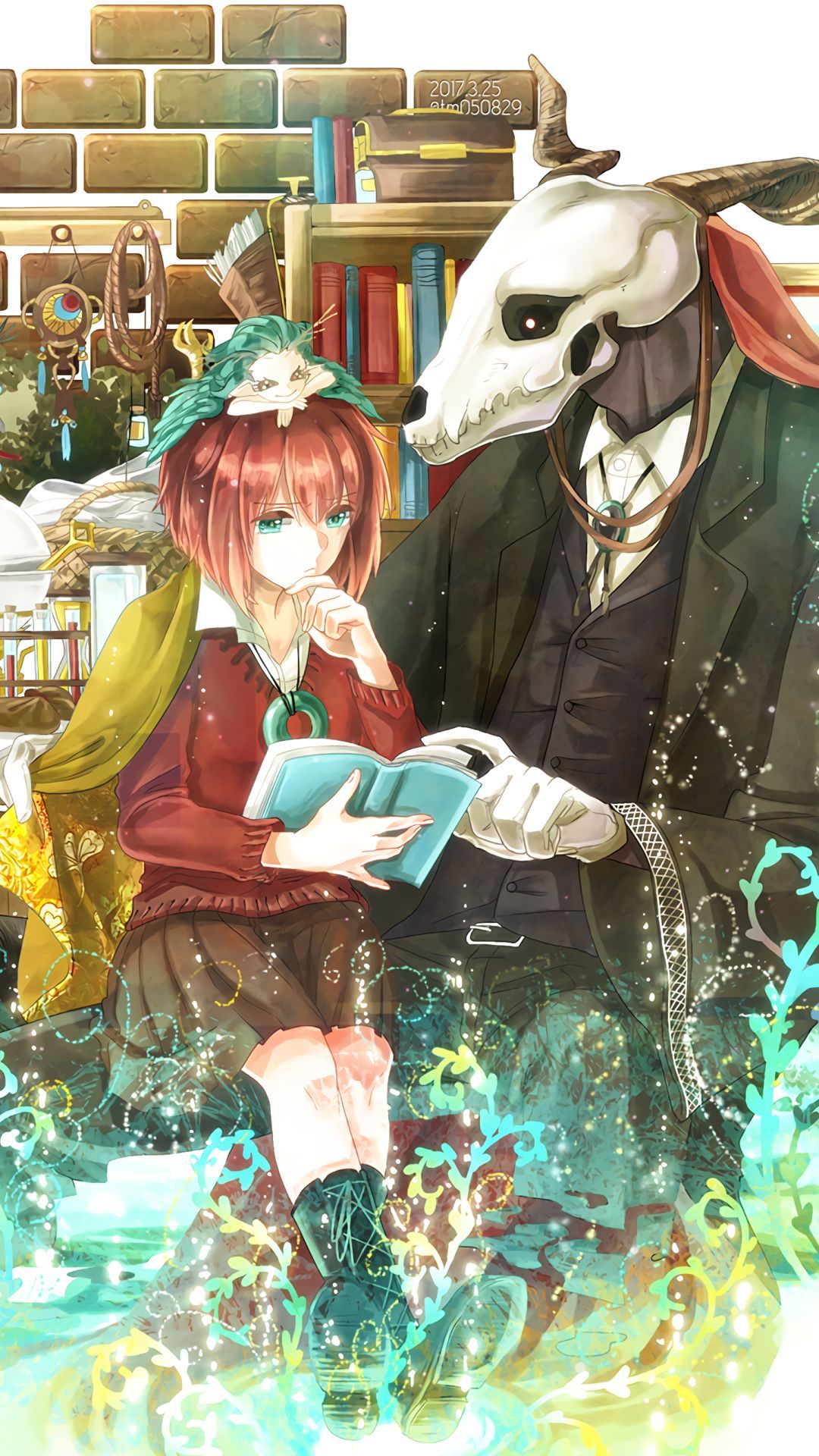 1080x1920 Phone wallpaper: Anime, The Ancient Magus' Bride, Skirt, Red Hair, Chise Hatori, Elias Ainsworth, Green Eyes, Book, Short Hair 1292314