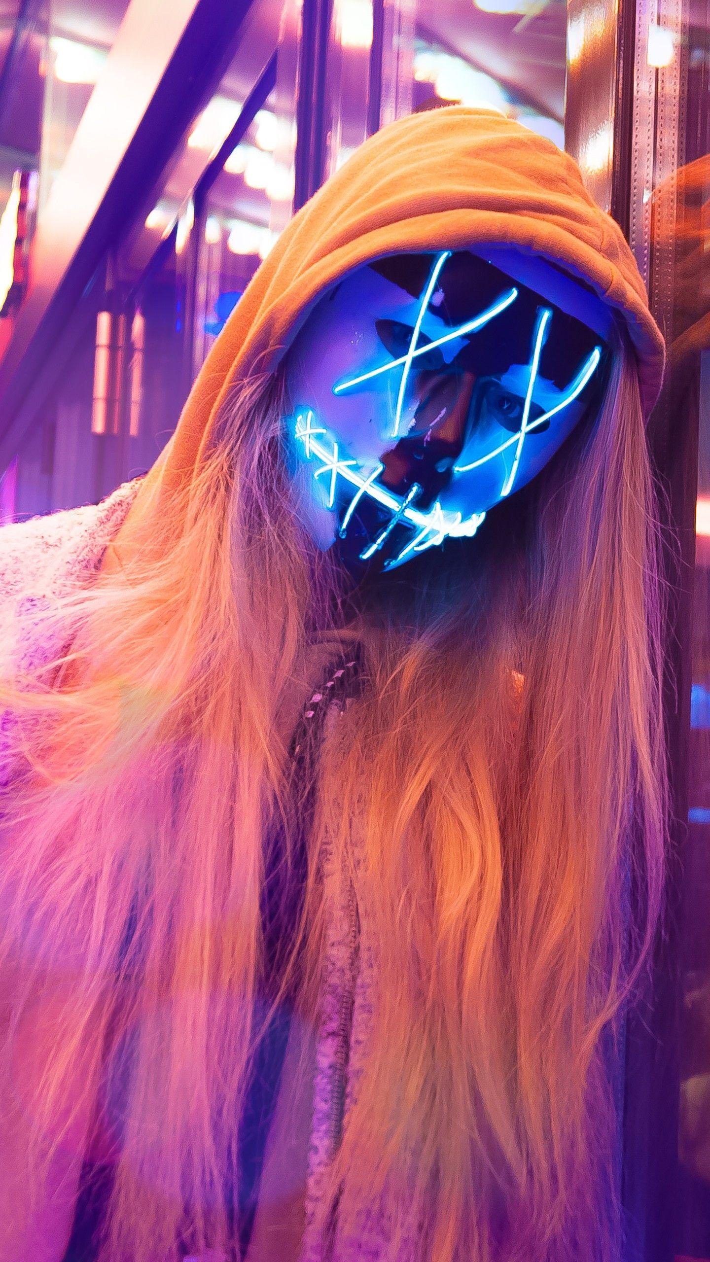 1440x2560 Neon Mask Wallpaper Girl