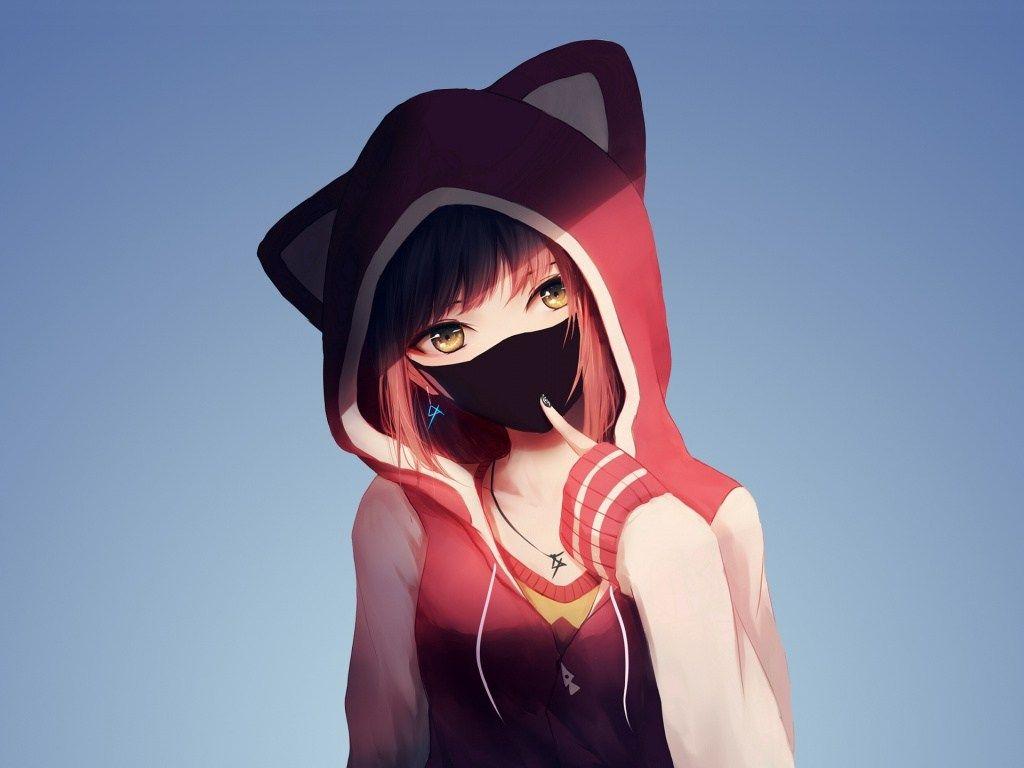 1024x768 Hoodie Hoodie Mask Anime Drawings Girl