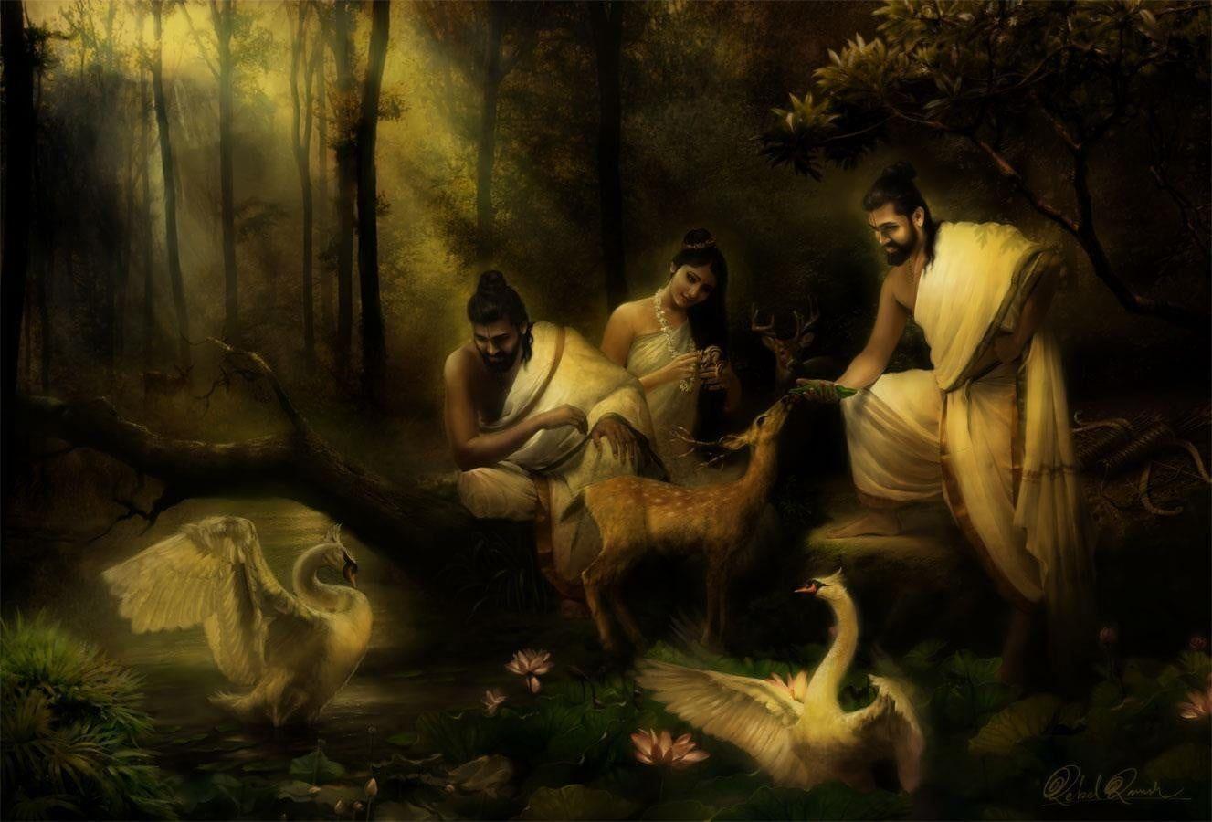 1327x900 Trees, birds, Lord Rama, lotus flowers HD wallpaper