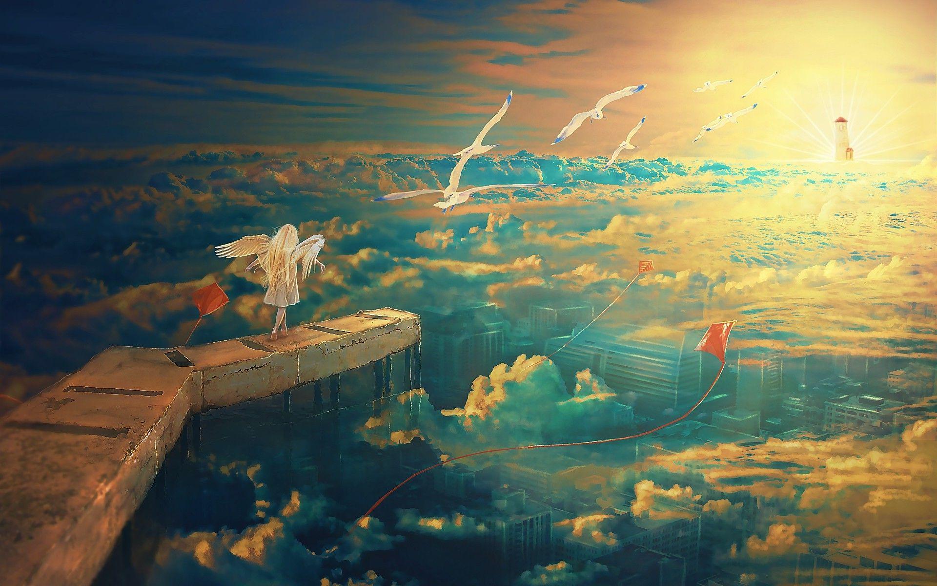1920x1200 anime, Fantasy Art, Seagulls, Kites, Wings, Clouds, City