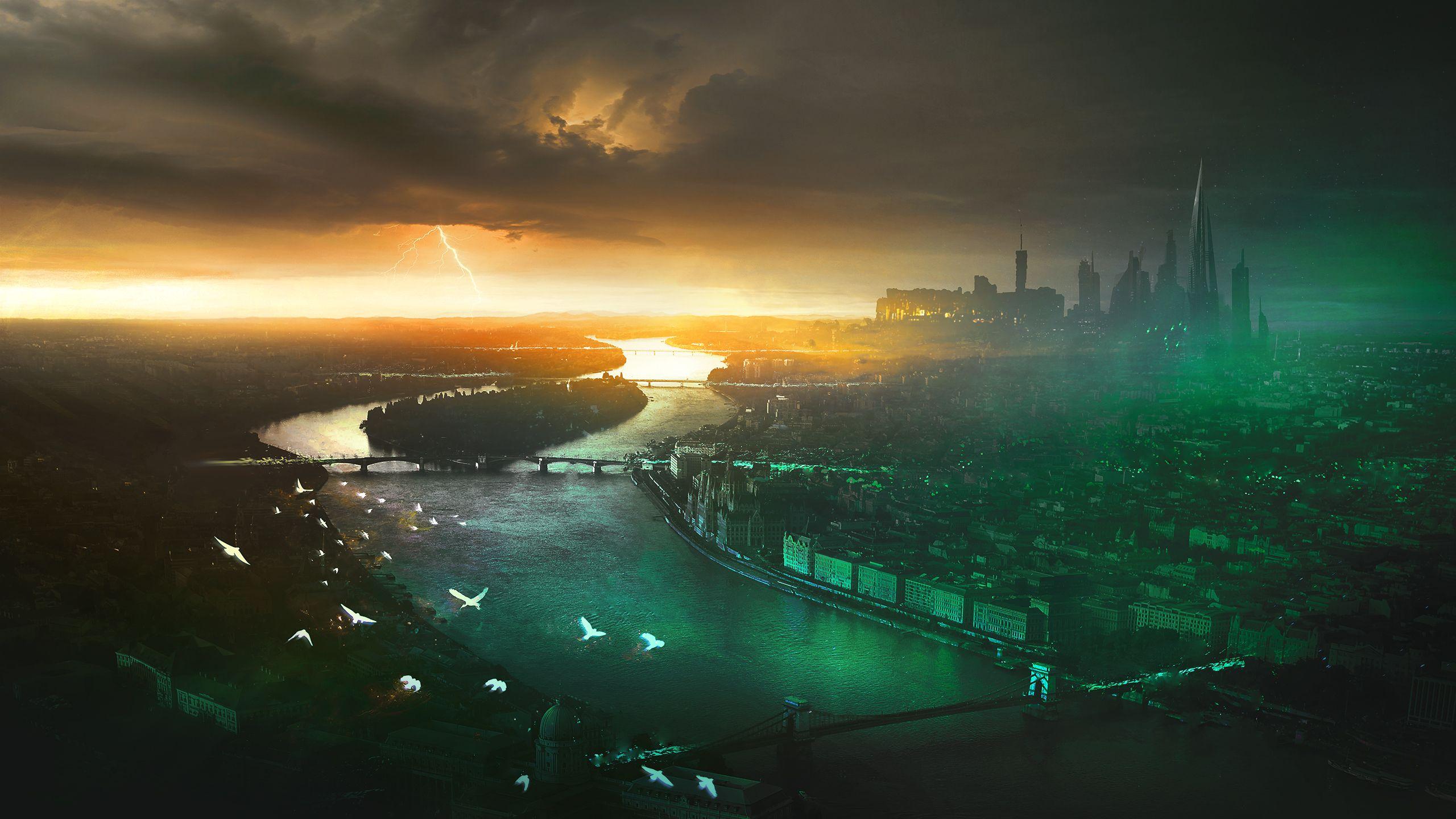 2560x1440 Green City Birds Sky Storm Clouds, HD Artist, 4k Wallpaper, Image, Background, Photo and Picture