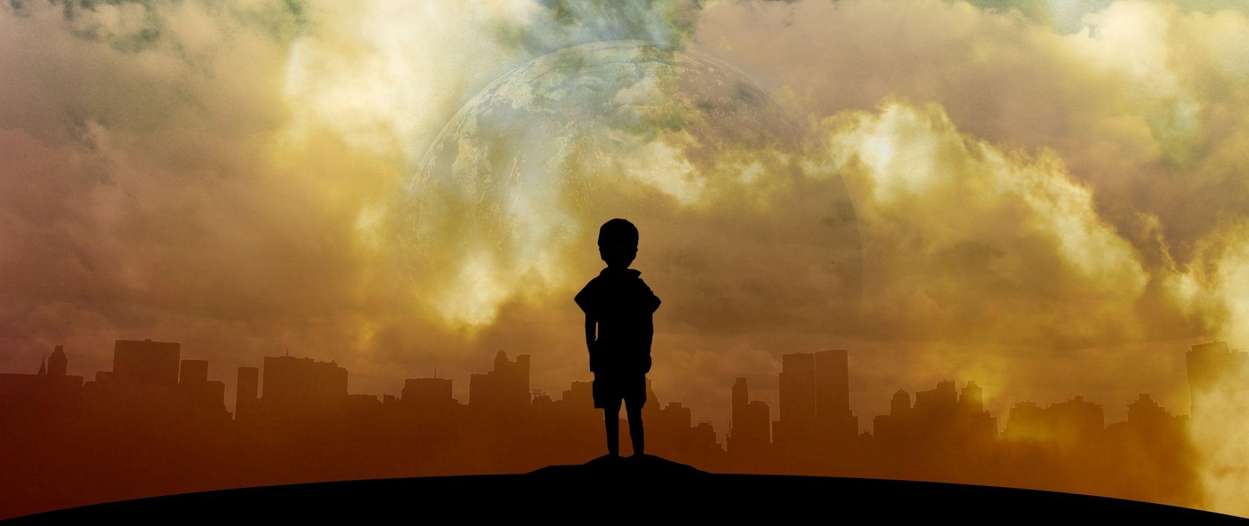 2560x1080 Download wallpaper 2560x1080 child, art, planet, clouds, city dual