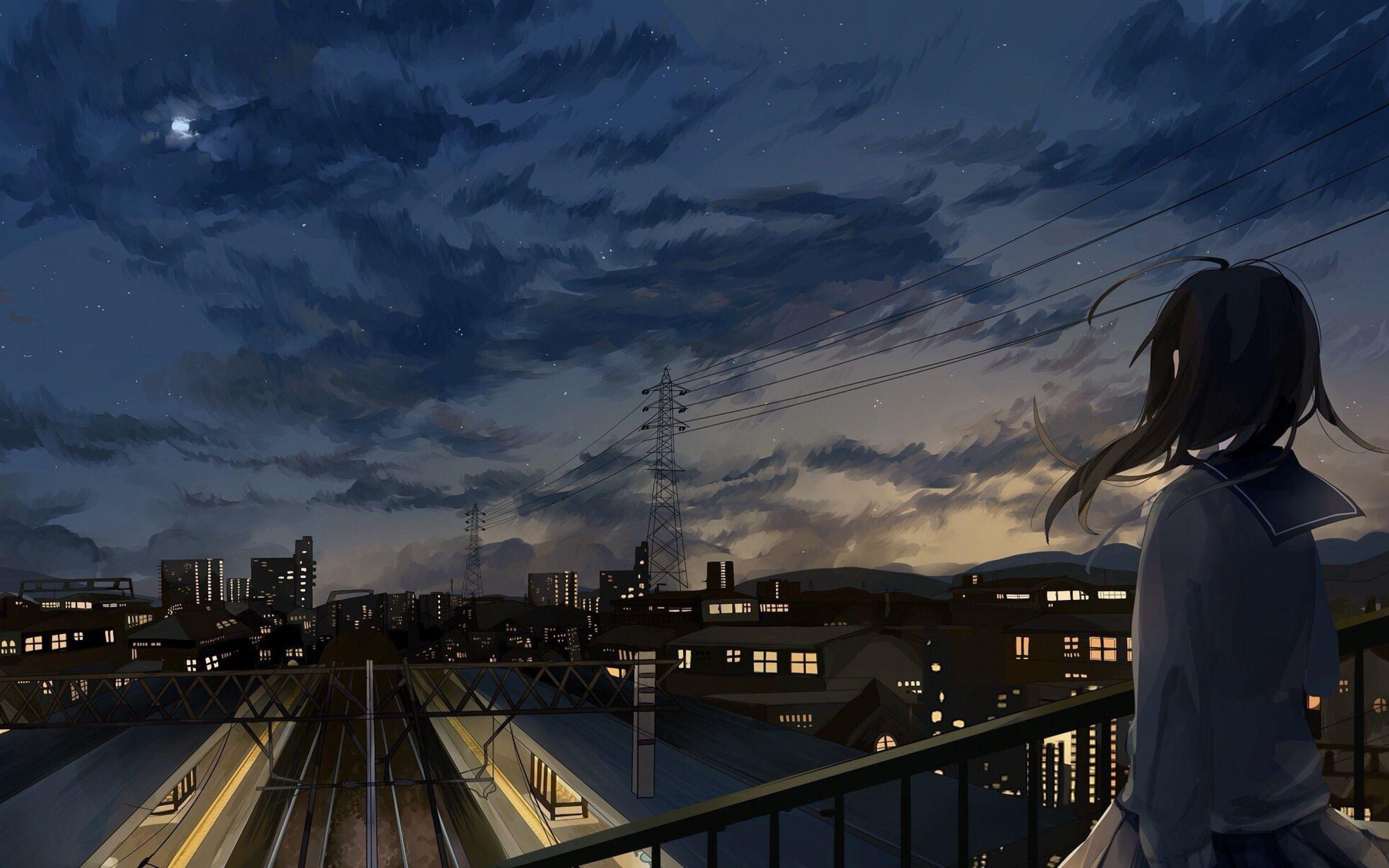 2880x1800 Download 2880x1800 Anime Girl, City, Night, Clouds, Back View