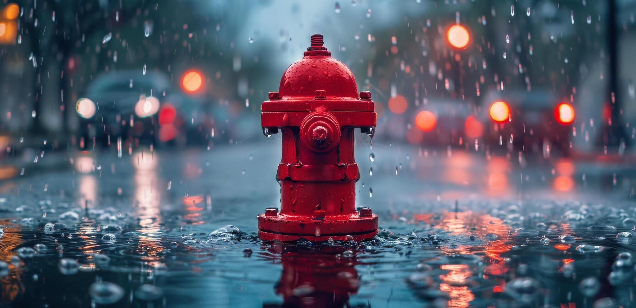 2022x980 Vibrant Red Fire Hydrant Close Up Standing in Water Puddle