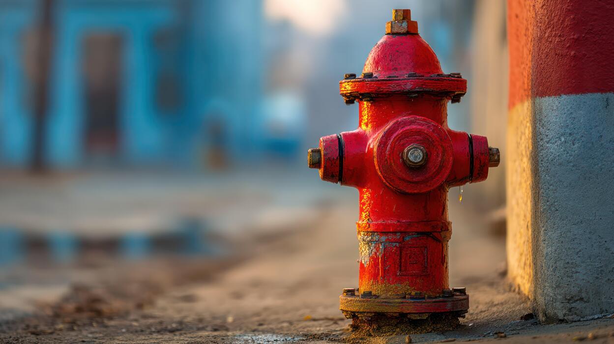 1249x700 A Red and Gold Fire Hydrant Reflected in a Puddle on Cobblestones