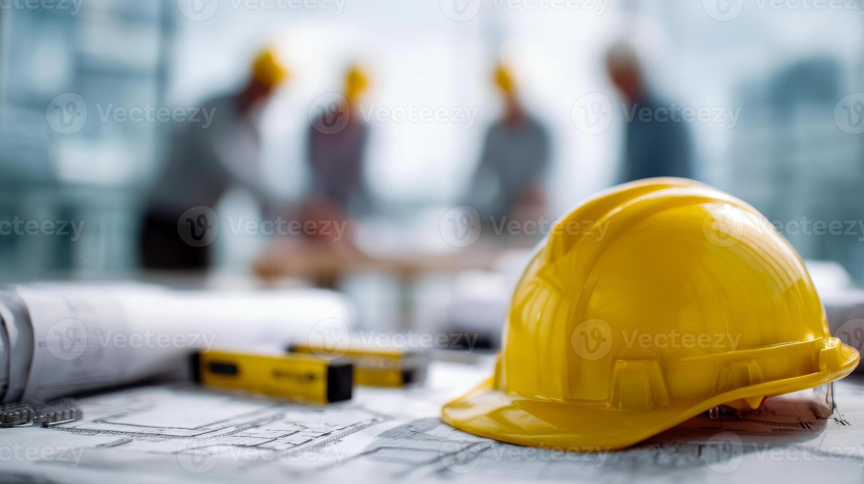 1749x980 Construction safety planning with yellow safety helmet and engineering blueprints on a table, team of workers discussing project details in a modern office environment