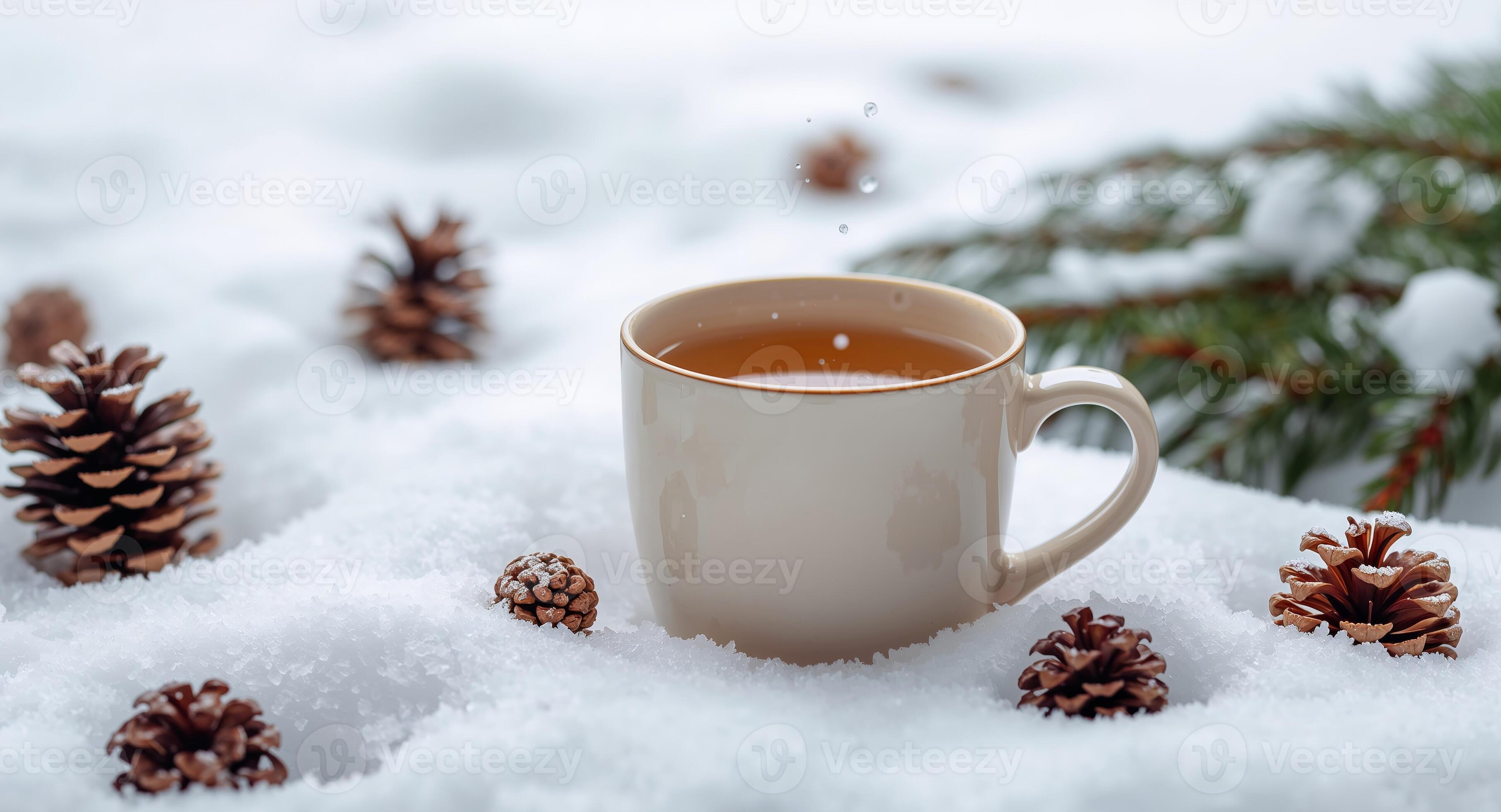 3623x1960 A Winter Tea Break. A Cozy Moment with a Cup of Tea in a Snowy Landscape