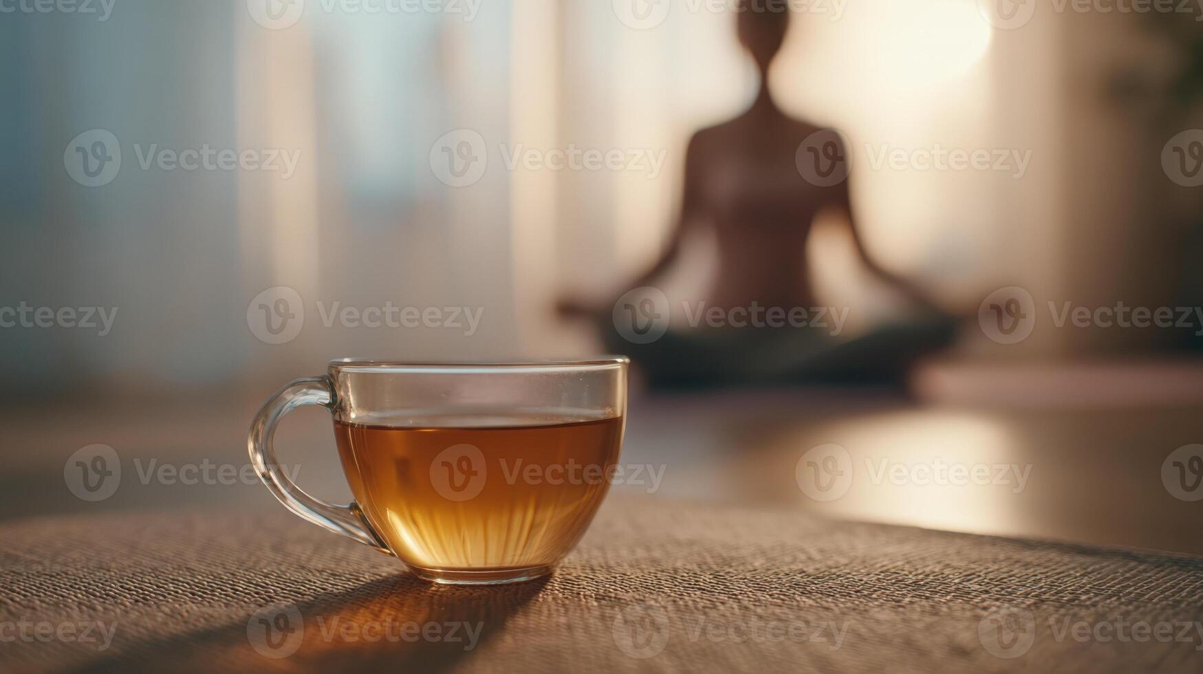1749x980 Relaxing Tea Break Woman Meditating in Background for Serene Wellness Moment