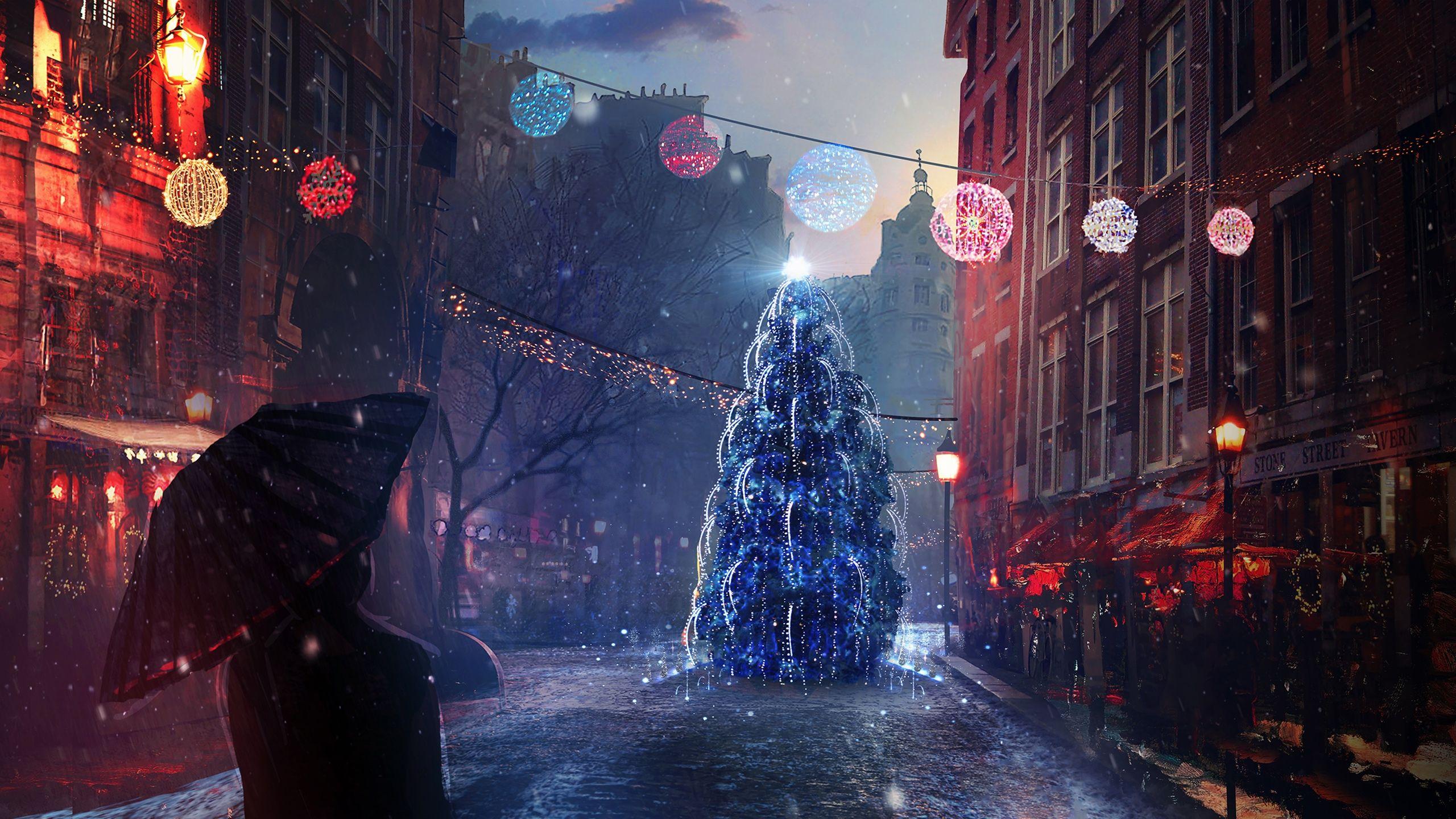 2560x1440 Download 2560x1440 Christmas, Raining, Artwork, Lights, Buildings