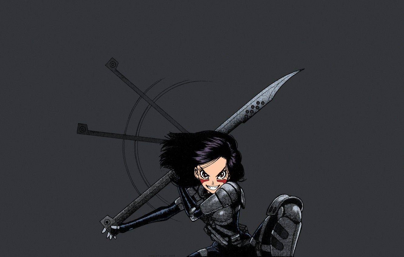1332x850 Wallpaper girl, minimalism, anime, weapons, artwork, warrior, manga, cyborg, dark hair, simple background, anime girl, grey background, Alita image for desktop, section минимализм