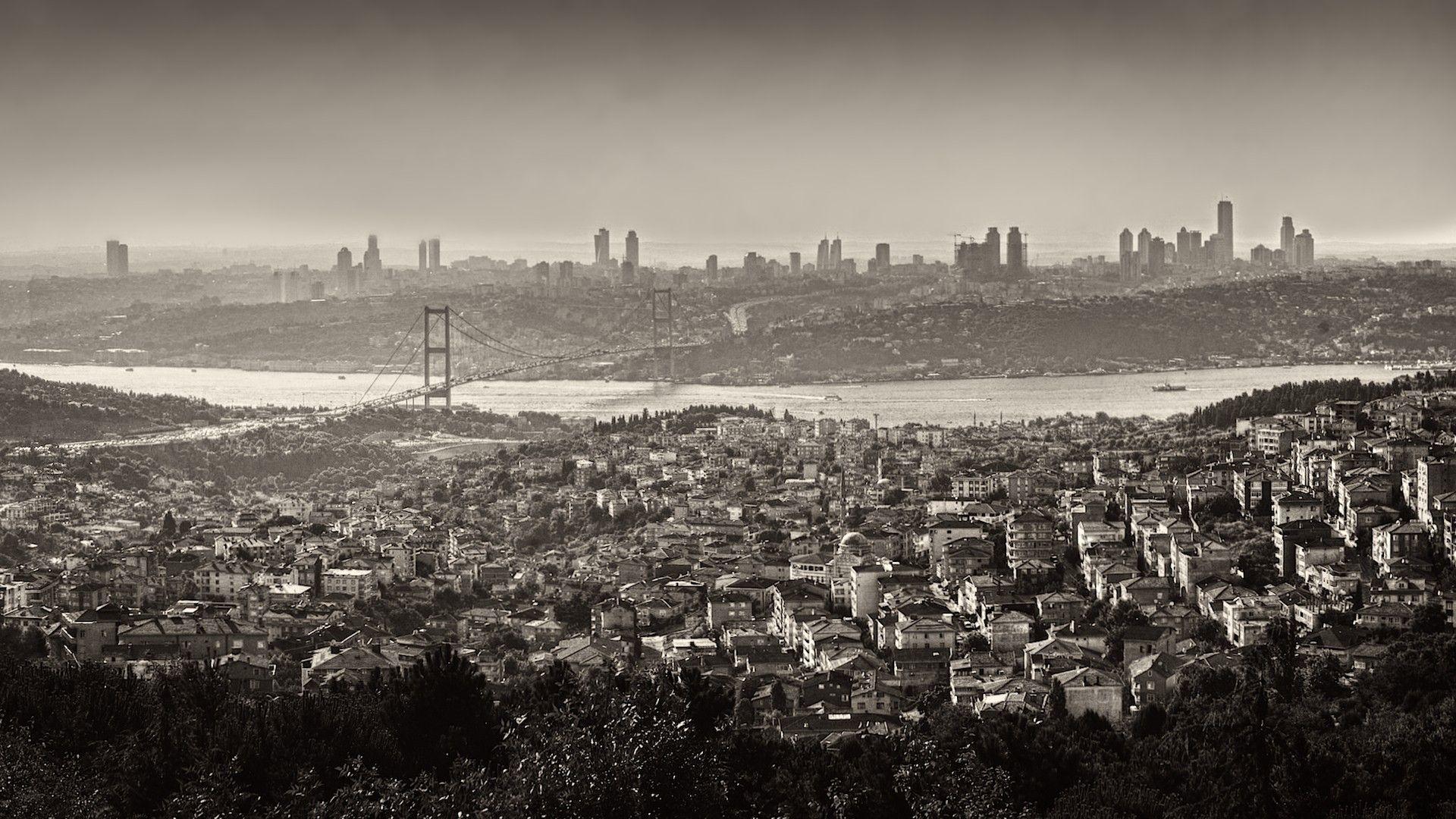 1920x1080 Istanbul, Turkey, Monochrome, Cityscape, Bridge, Bosphorus