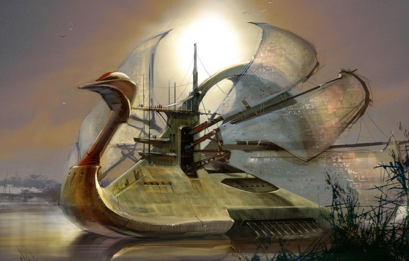 1332x850 Wallpaper Swan, River, Ship, The ship, Fantasy, Sails, Art