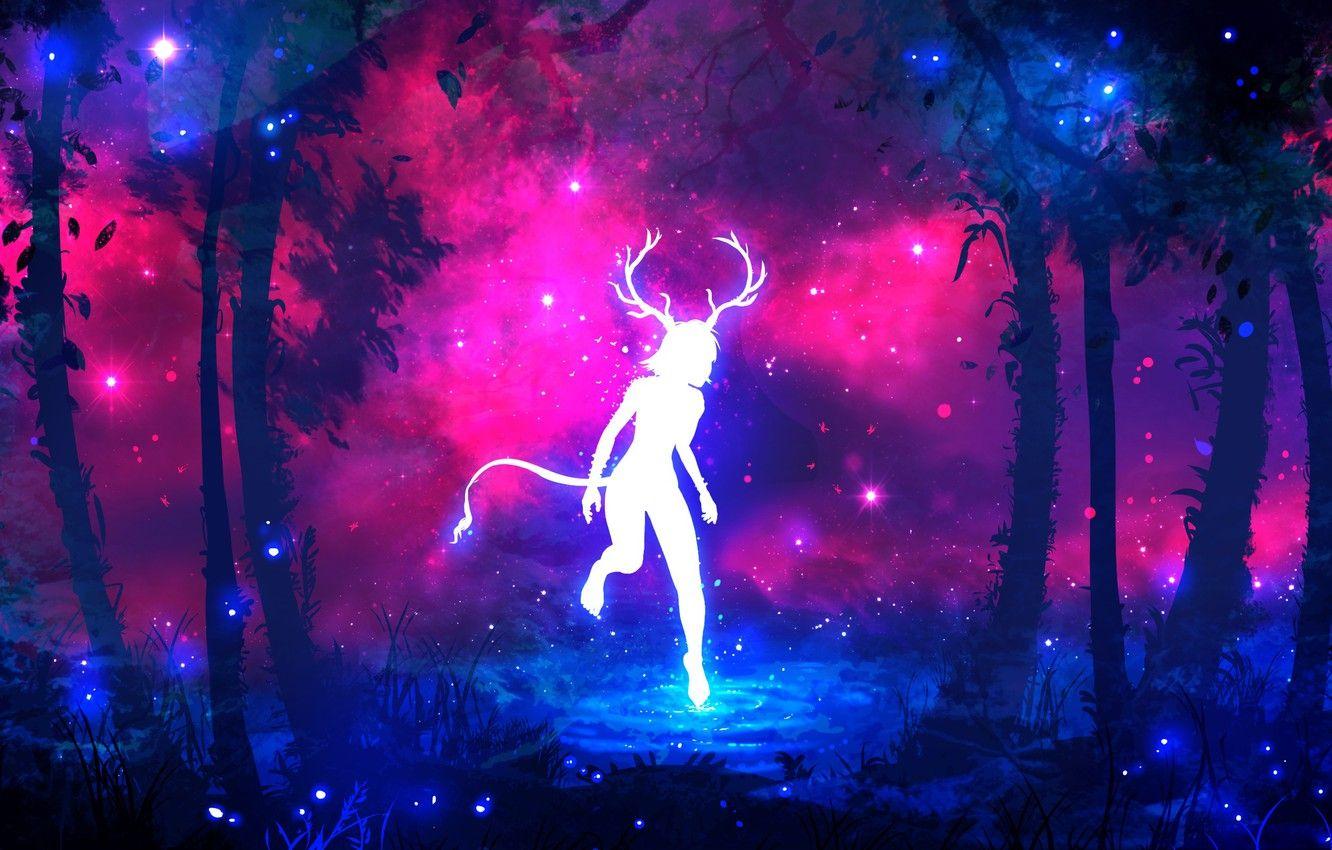 1332x850 Wallpaper forest, purple, grass, water, girl, space, stars, trees, branches, fireflies, tree, lilac, pink, blue, dark, glow image for desktop, section арт