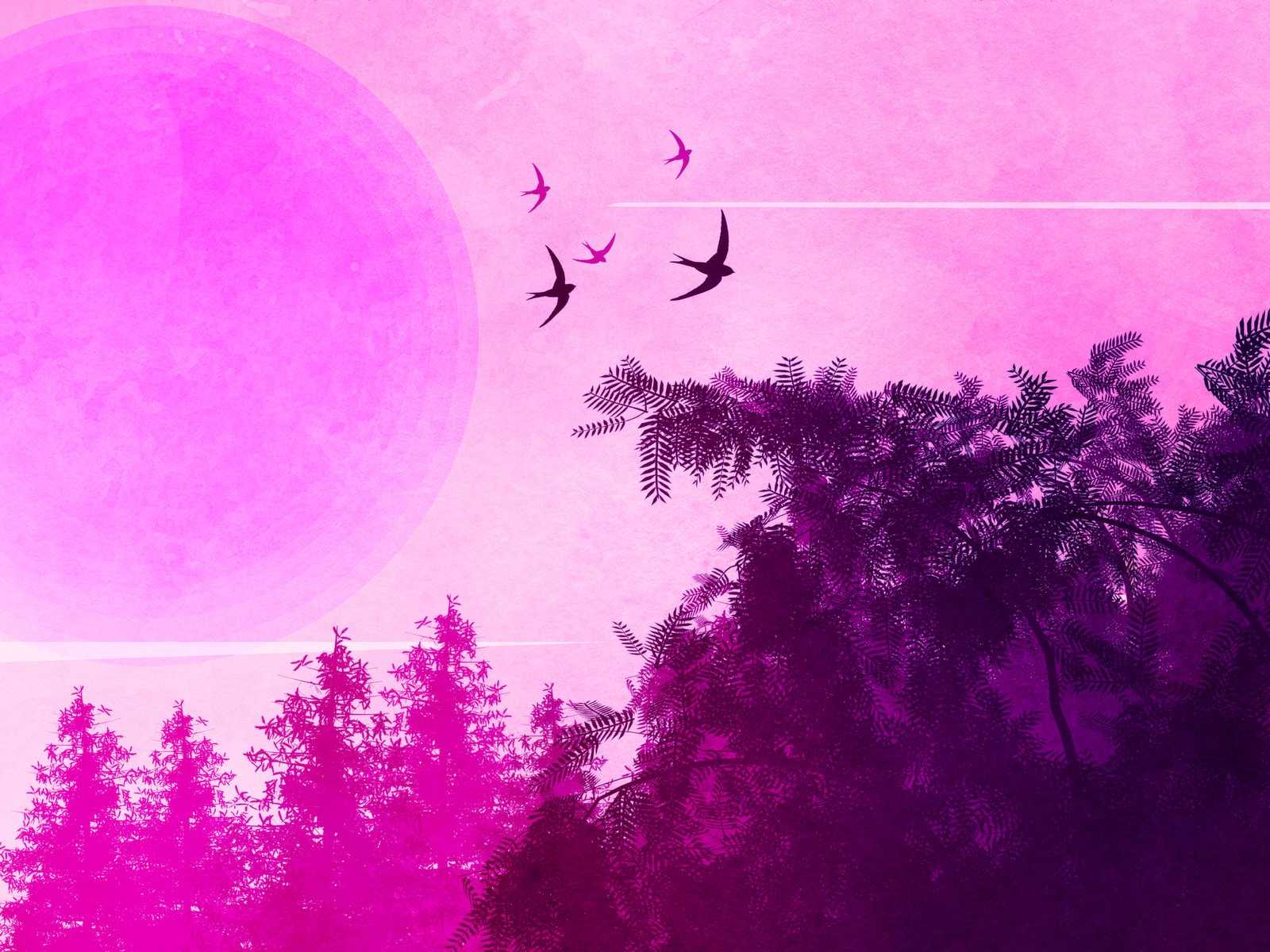 1600x1200 Pink Birds Forest Landscape 4K HD Wallpaper (1600x1200)
