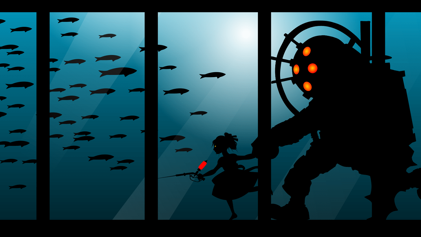 1366x768 Bioshock Big Daddy With Little Sister Silhouette, Download