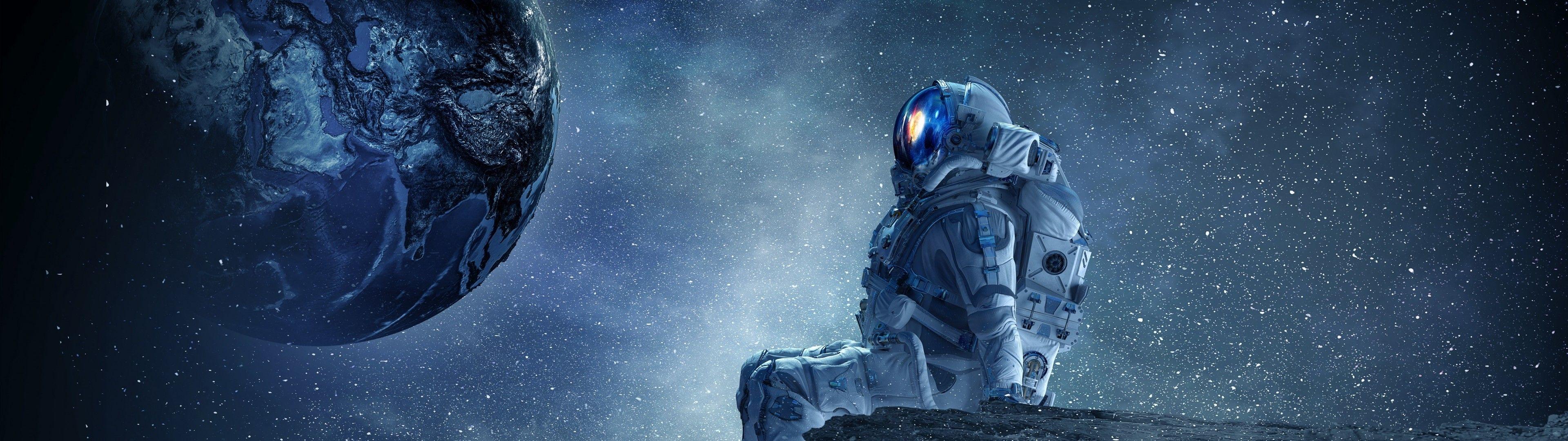 3840x1080 Download 3840x1080 Astronaut, Cliff, Planets, Stars, Spacesuit