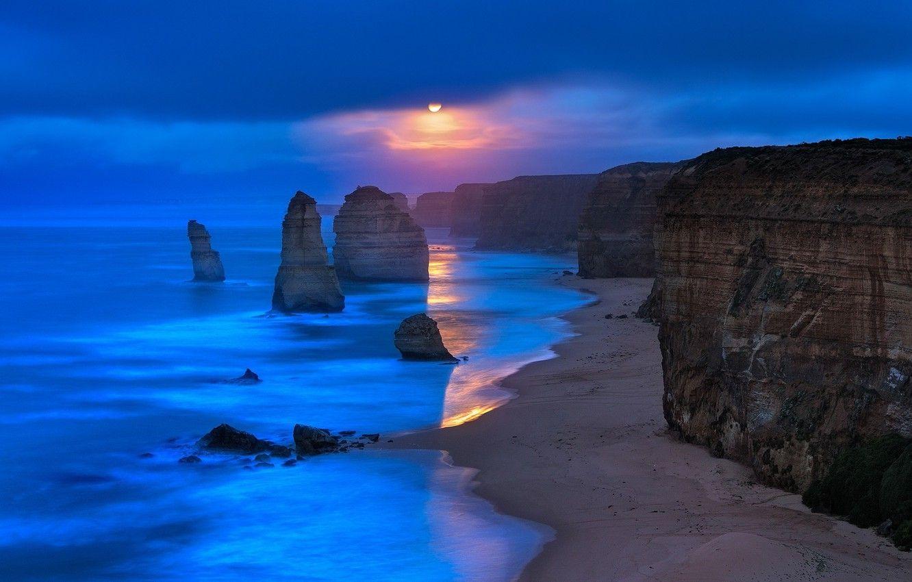 1332x850 Wallpaper rock, beach, sky, sea, ocean, landscape, coast, nature, water, clouds, sun, sunrise, Australia, cliff, limestone, Twelve Apostles image for desktop, section природа