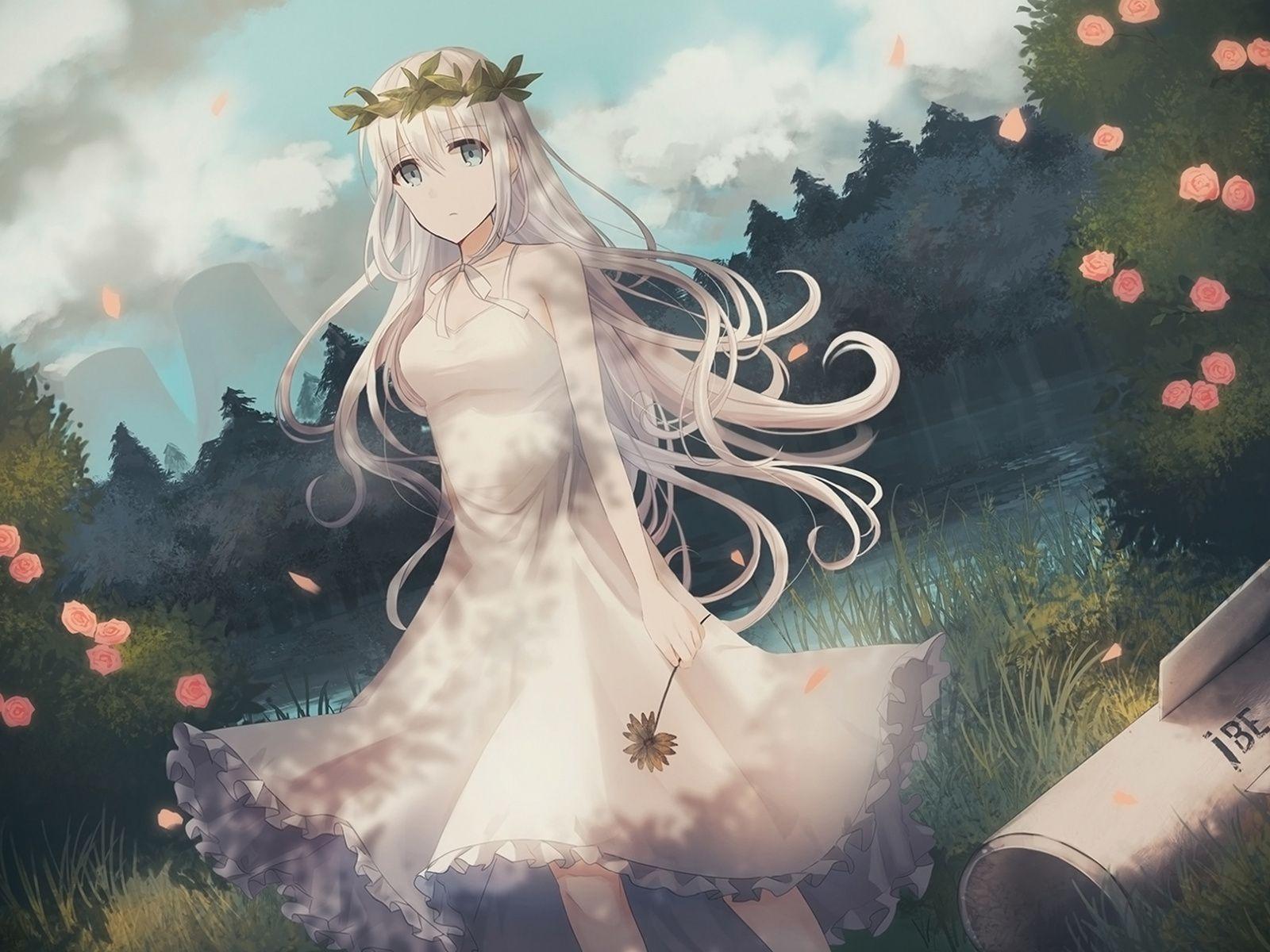 1600x1200 Wallpaper White Hairs, Anime Girl, Flower Crown, Outdoor