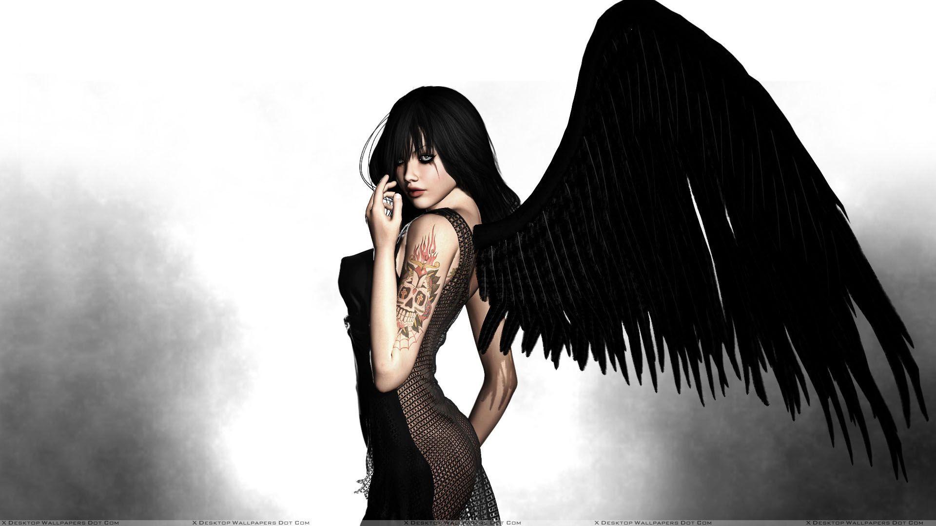 1920x1080 3D Girl Side Pose In Black Long Dress And Black Wings Wallpaper