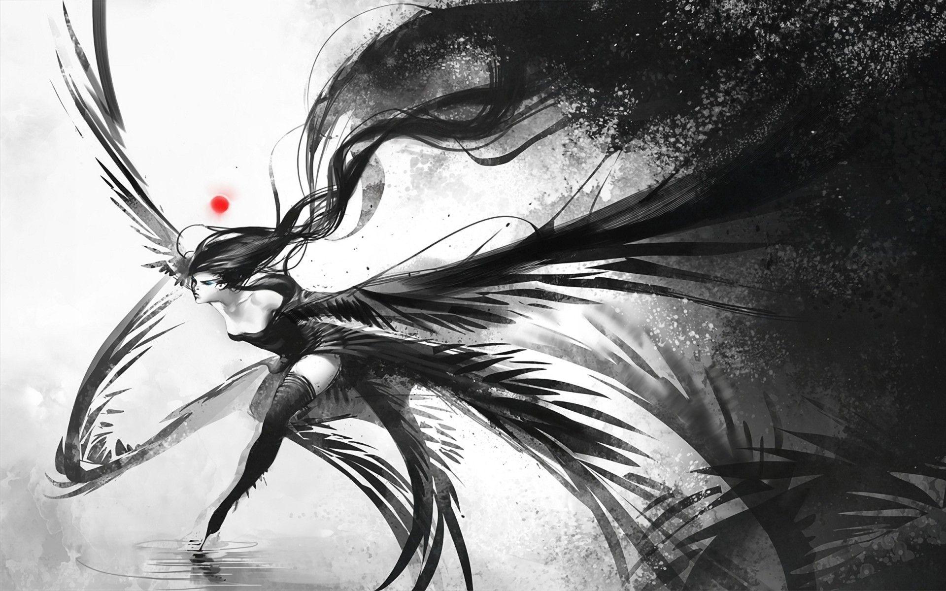 1920x1200 Women Wings Fantasy Art Monochrome Black Dress Wallpaper