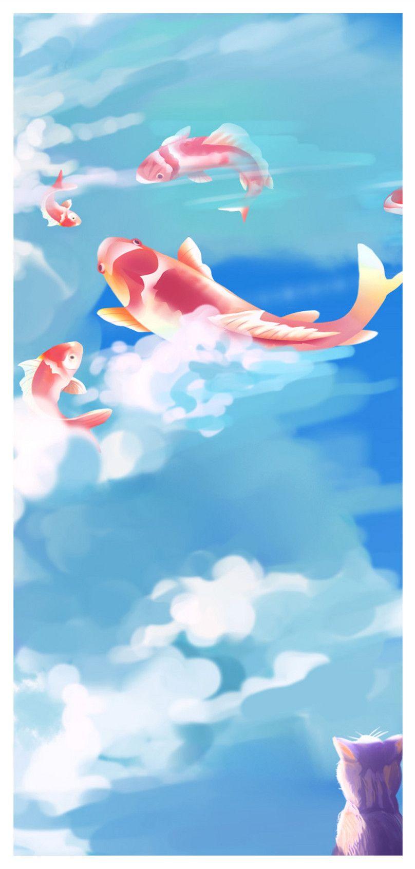 808x1692 illustration of carp cell phone wallpaper background image free