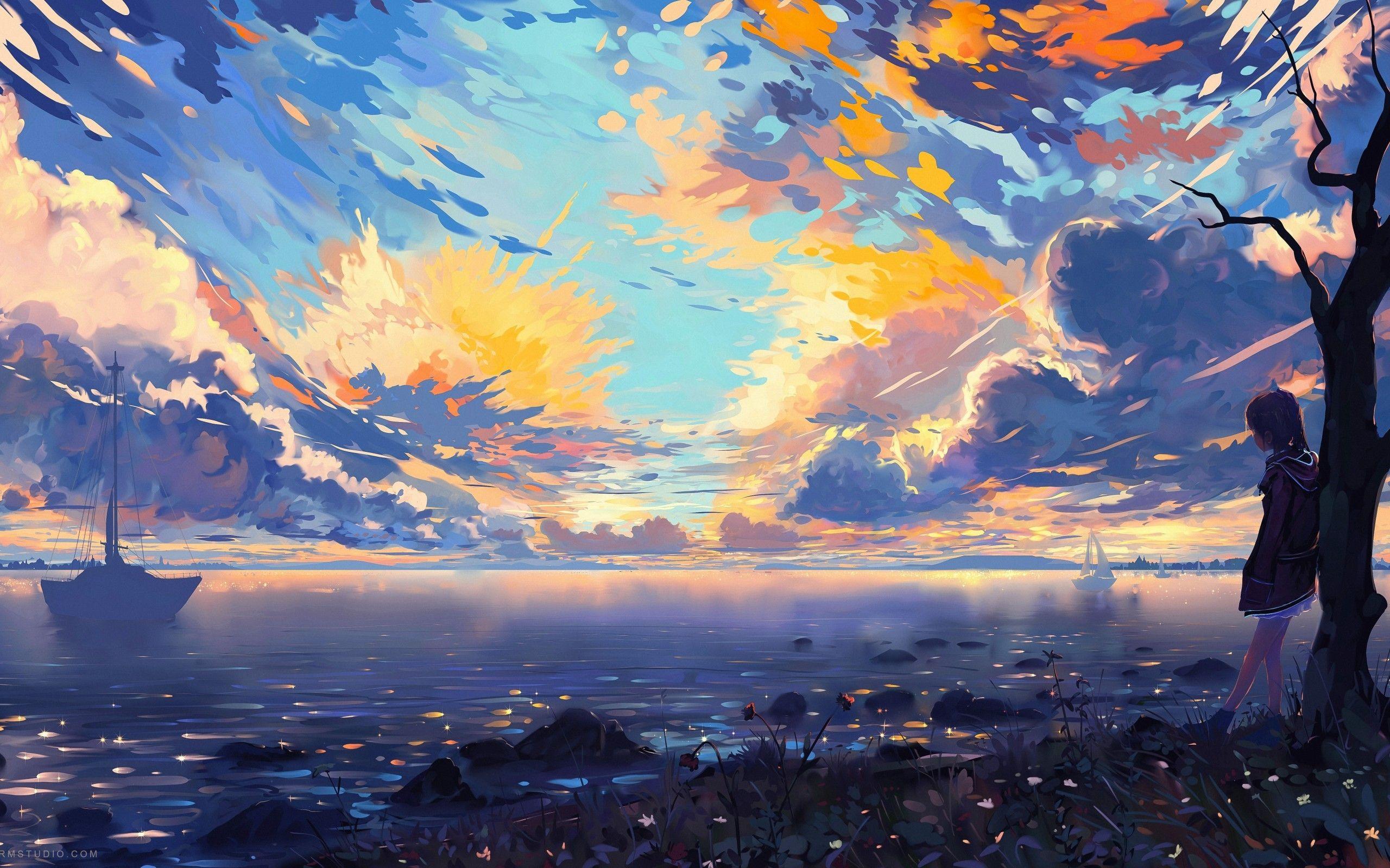 2560x1600 Anime Landscape, Sea, Ships, Colorful, Clouds, Scenic