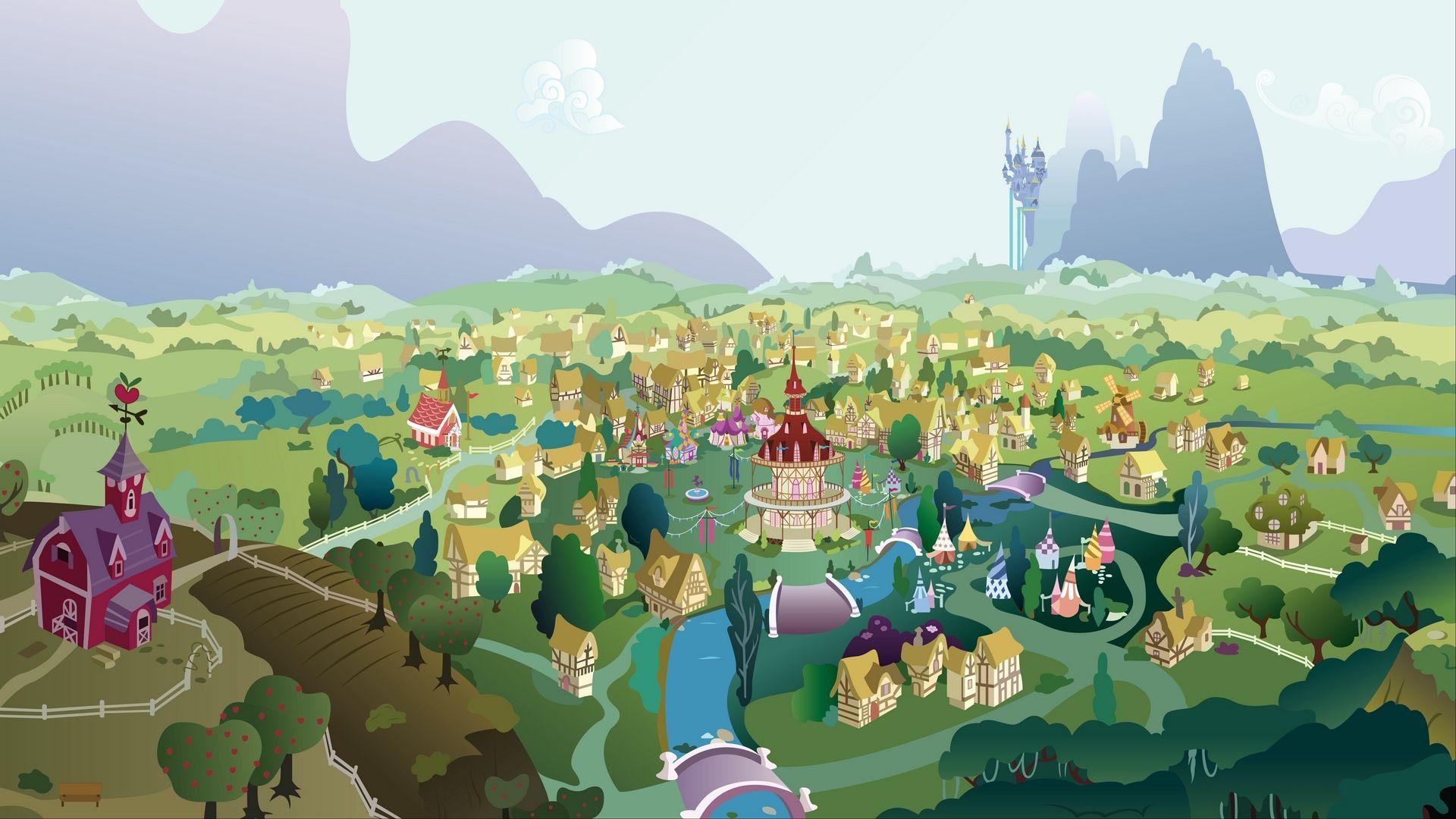 1920x1080 Download wallpaper 1920x1080 city, drawing, colorful, mountains