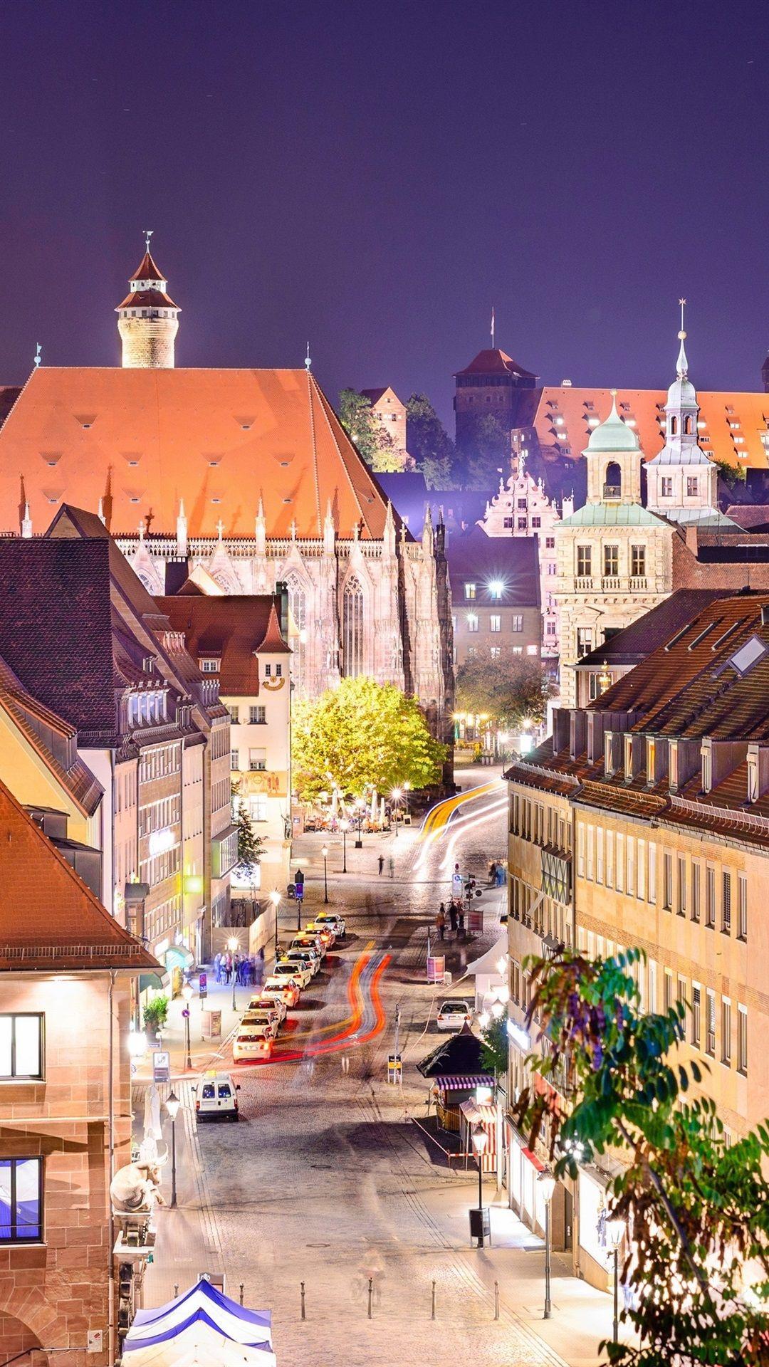 1080x1920 Germany, Nuremberg, city, street, houses, lights, night 1080x1920