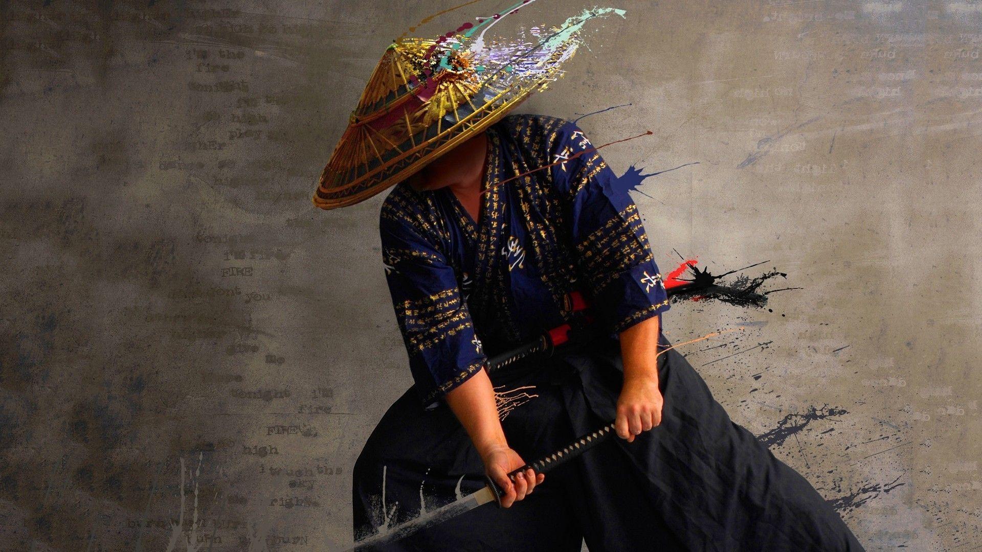 1920x1080 Japanese clothes, hat, men, photo manipulation, artwork, katana