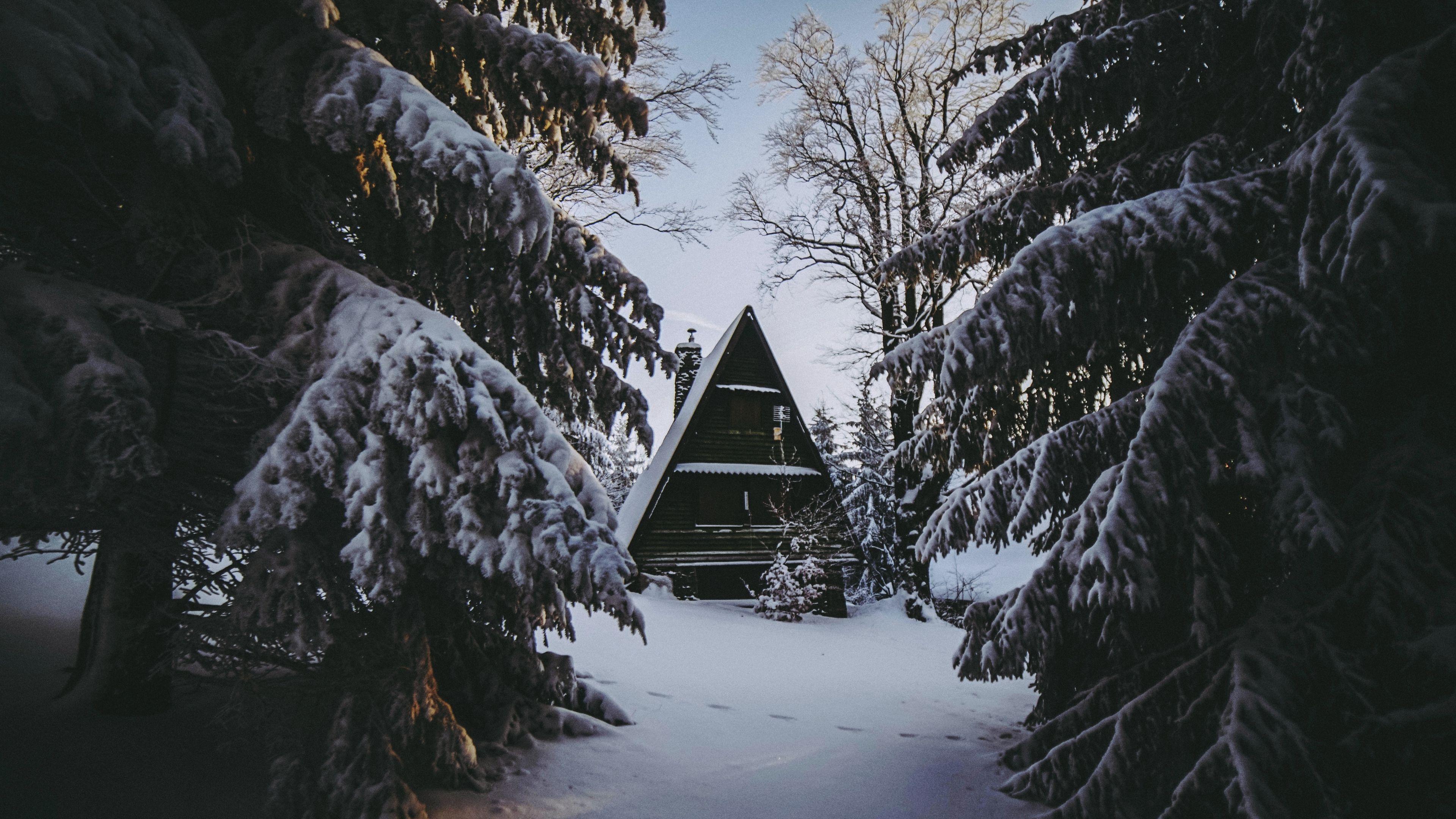 3840x2160 Wallpaper House, Winter, Snow, Forest, Comfort Forest