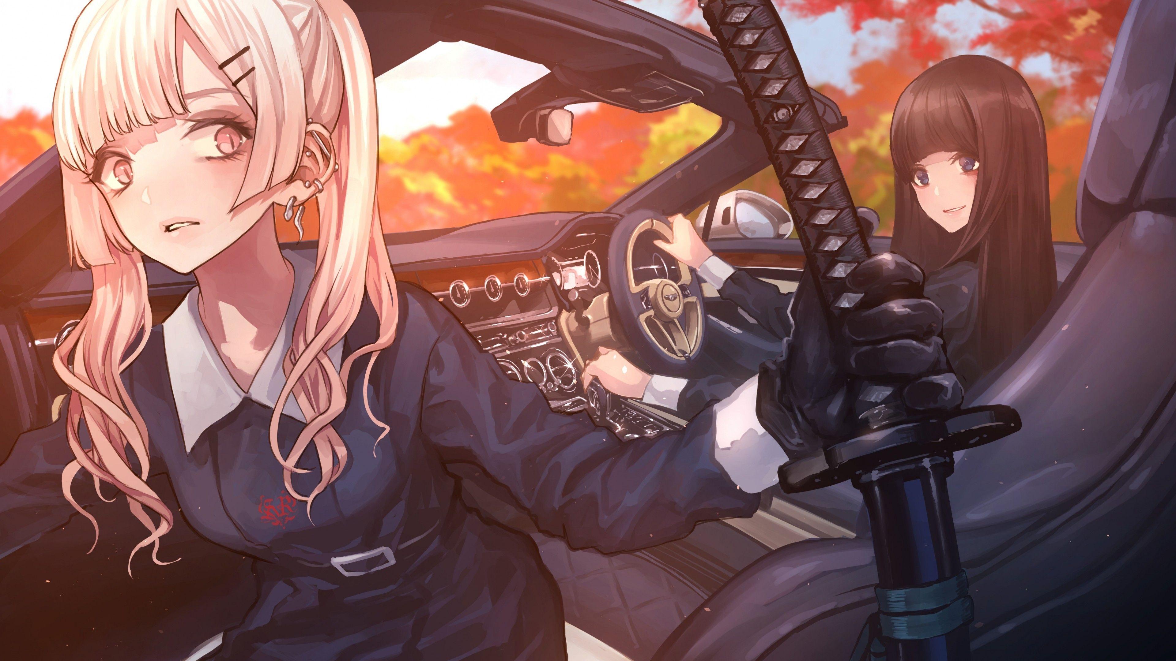 3840x2160 Download 3840x2160 Anime Rich Girls, Katana, Sport Car, Gloves