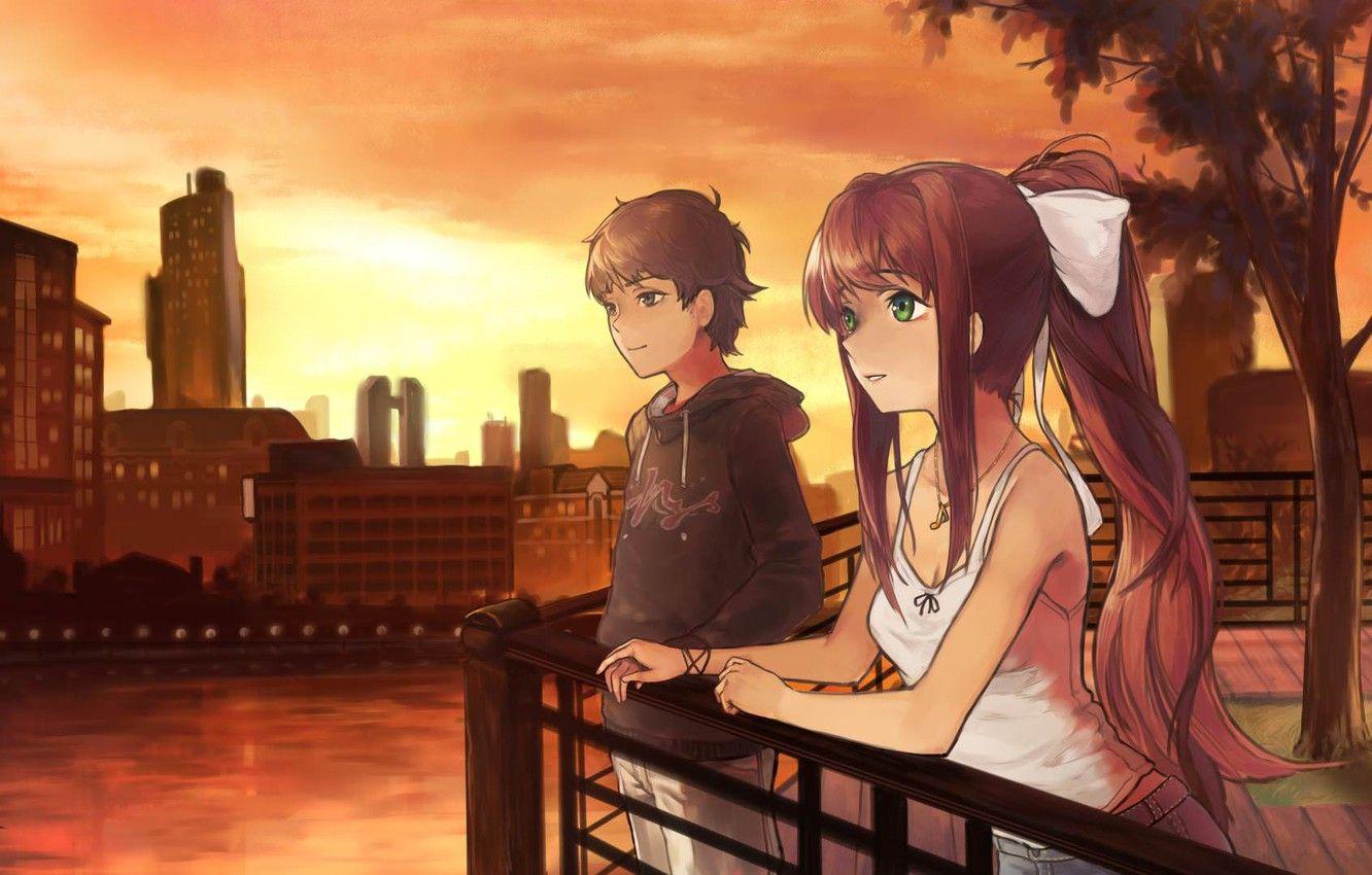 1332x850 Wallpaper girl, the evening, guy, Monika, Doki Doki Literature