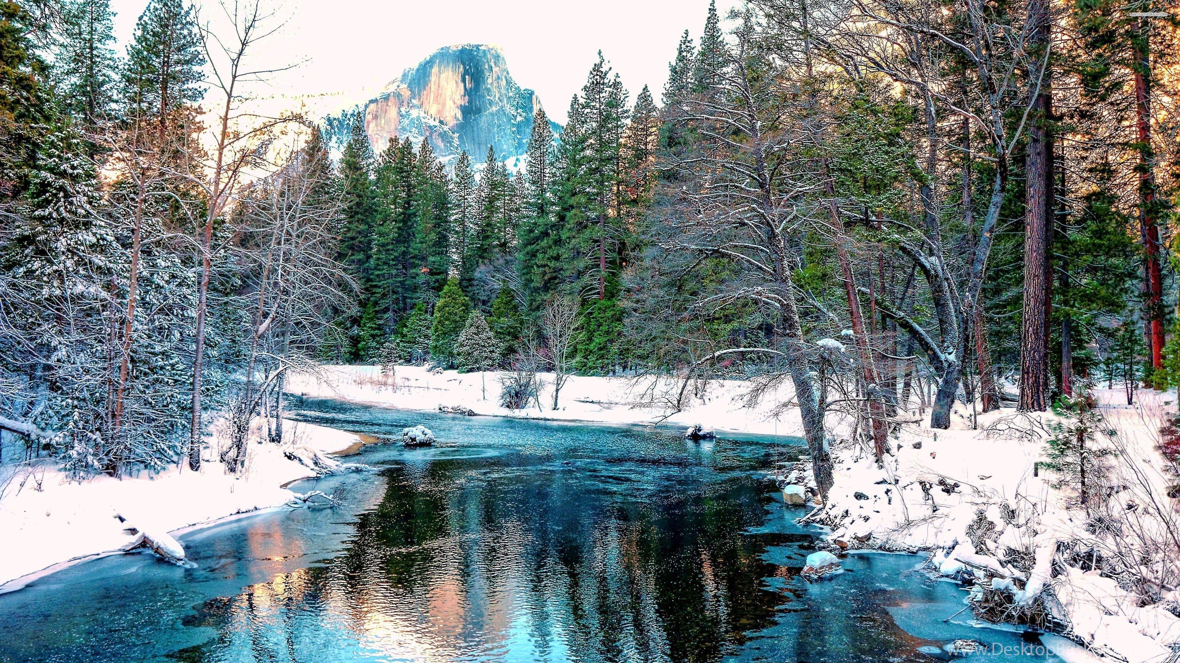 3840x2160 Amazing Blue River In The Winter Forest Wallpaper Desktop Background