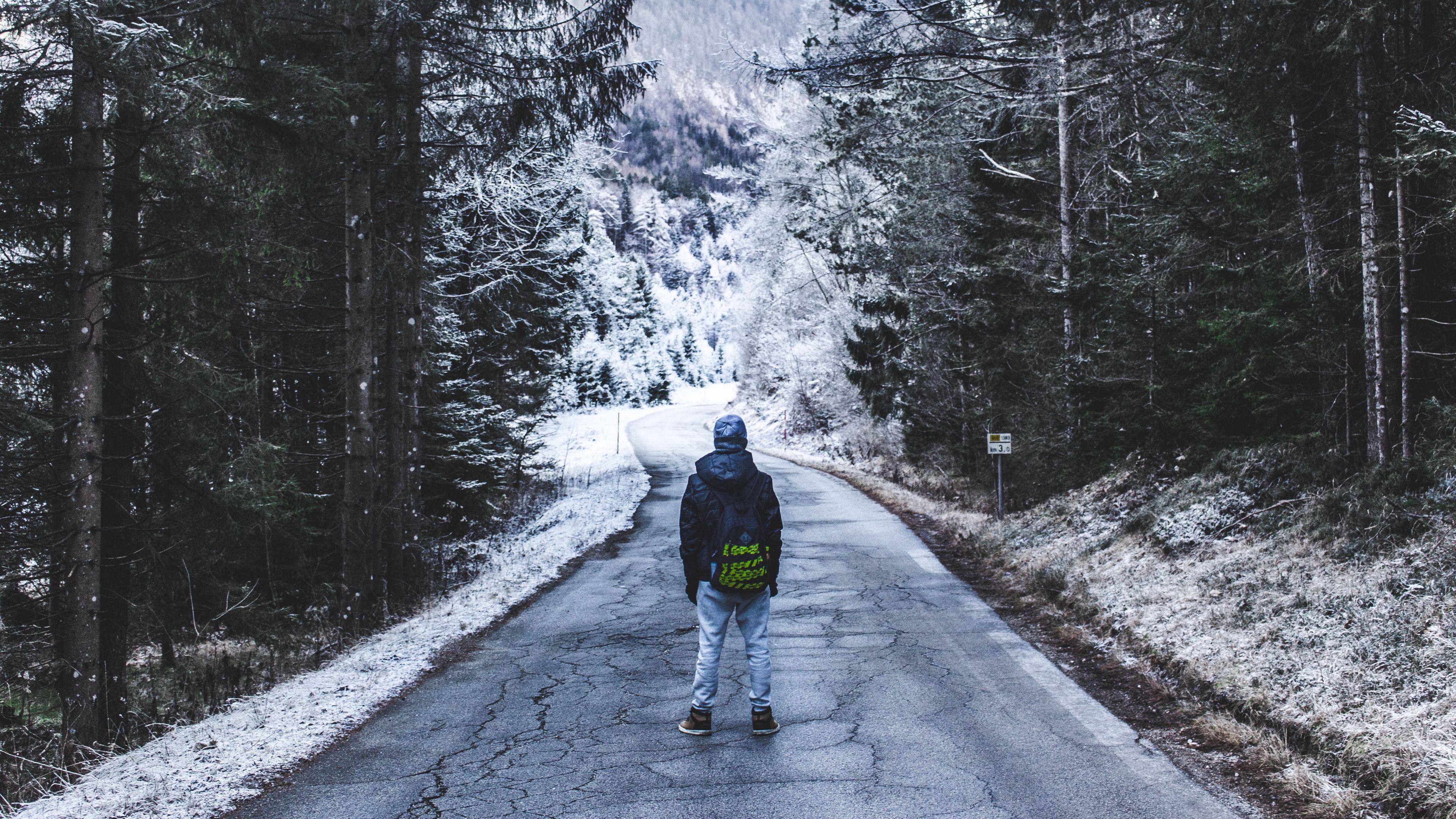 3840x2160 Download wallpaper 3840x2160 forest, walk, lonely, winter, road 4k