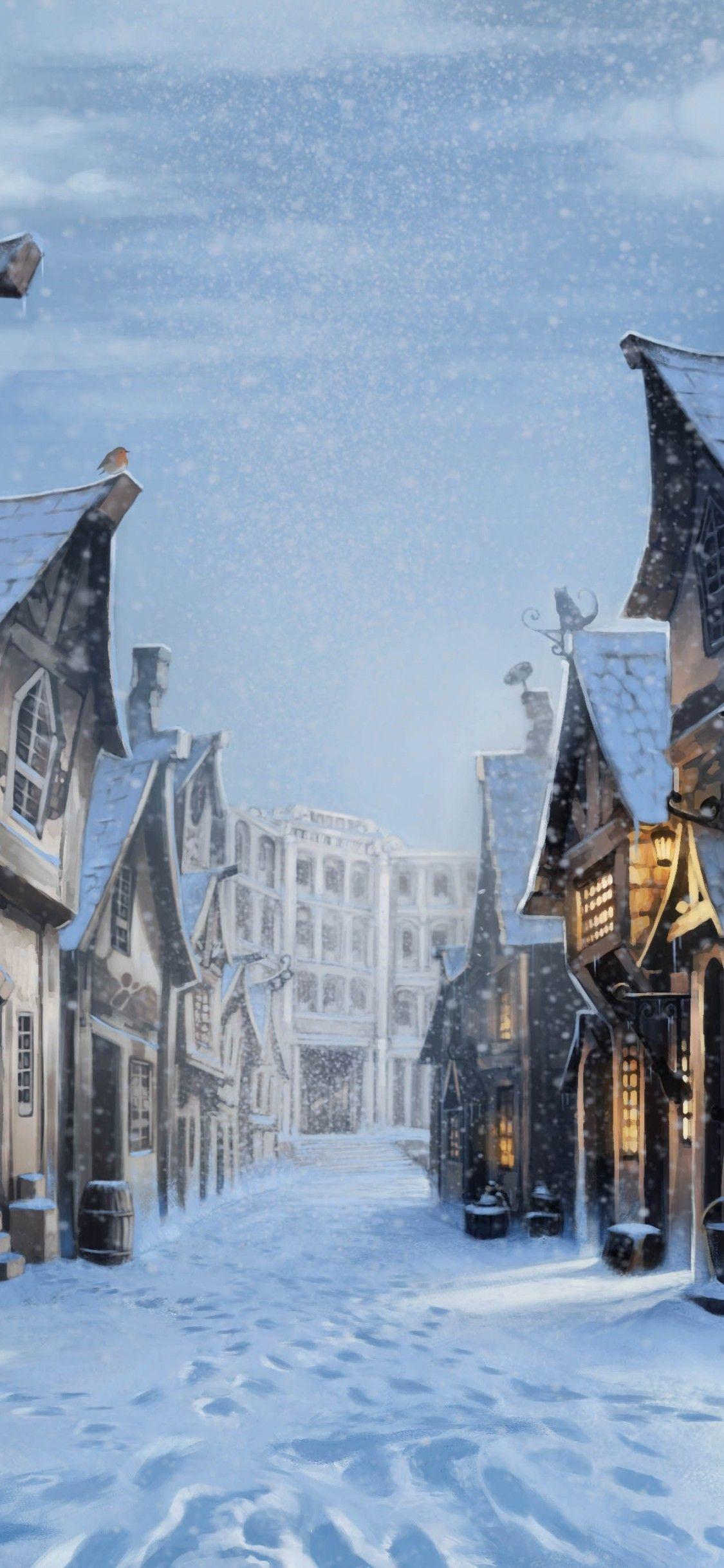 1125x2436 Download 1125x2436 Diagon Alley, Harry Potter, Snow, Artwork Wallpaper for iPhone X